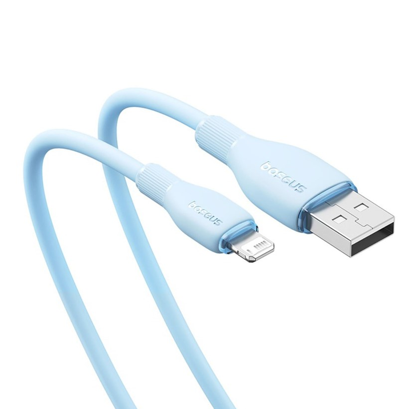 İki ucu olan, biri USB ve biri yıldırım konnektörü olan açık mavi bir USB kablosu.