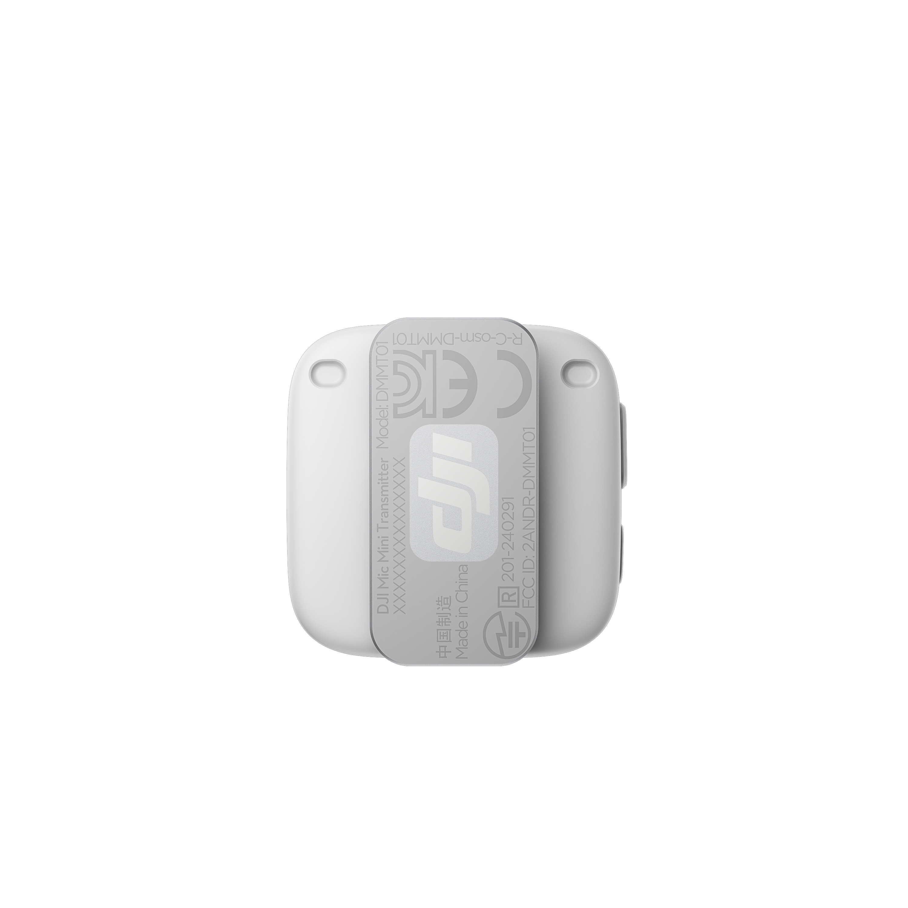 Ein weißer DJI Mic Mini-Sender mit Branding-Details.