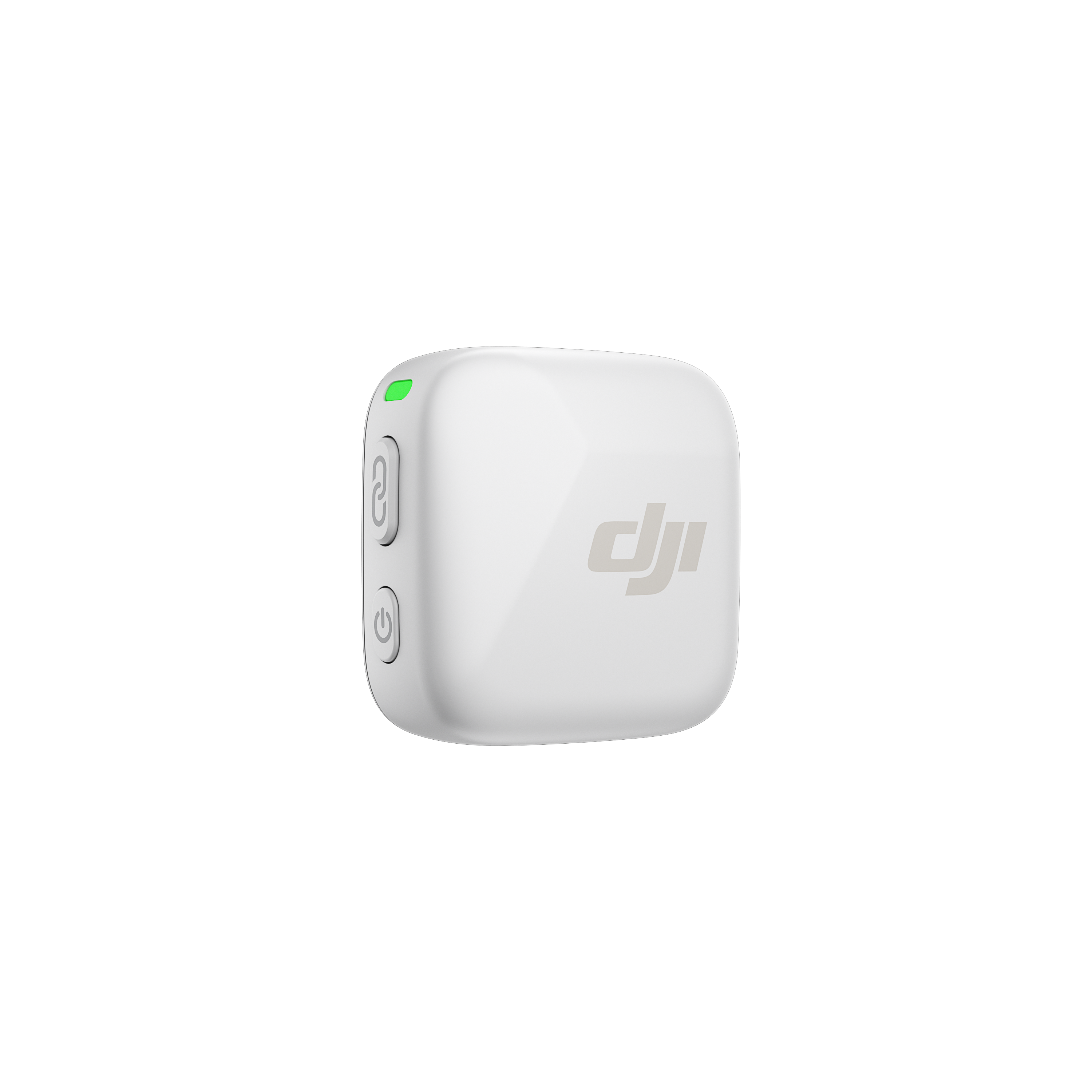 Weißes DJI-Mikrofon. Klein, quadratisch, mit grünem Licht oben. Hat einen Knopf an der Seite. Sauberer, weißer Hintergrund.