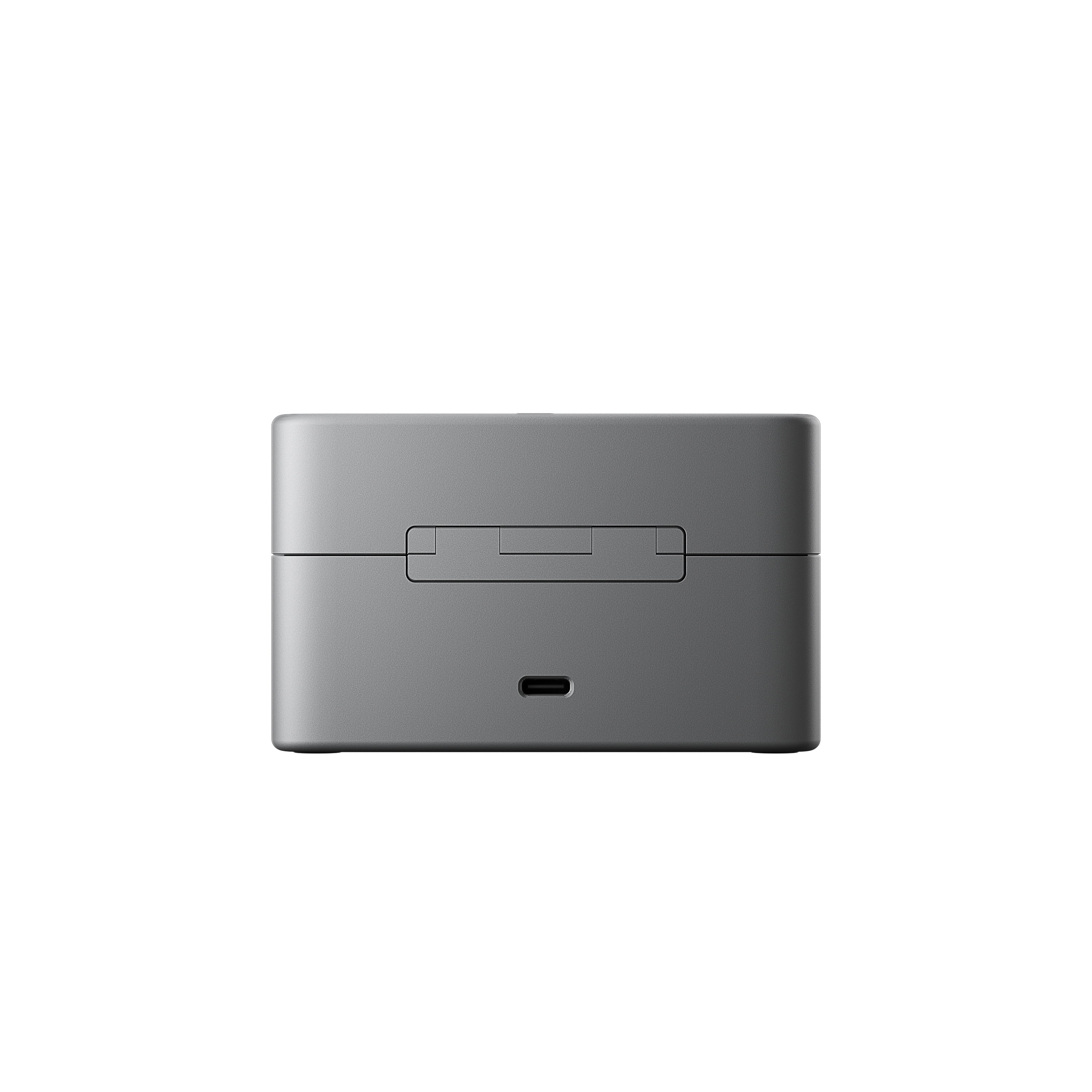 Ein grauer rechteckiger Koffer mit USB-C-Anschluss. Er ist geschlossen und hat oben eine kleine Öffnung.