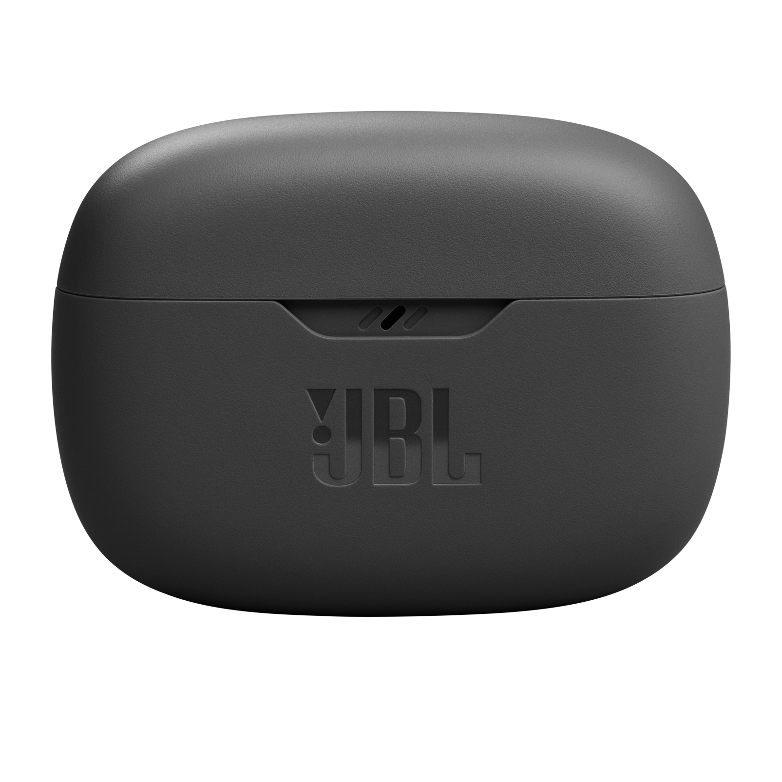 Siyah JBL kulaklıklar şarj kutusunda, önden görünüm, JBL logosu ile.
