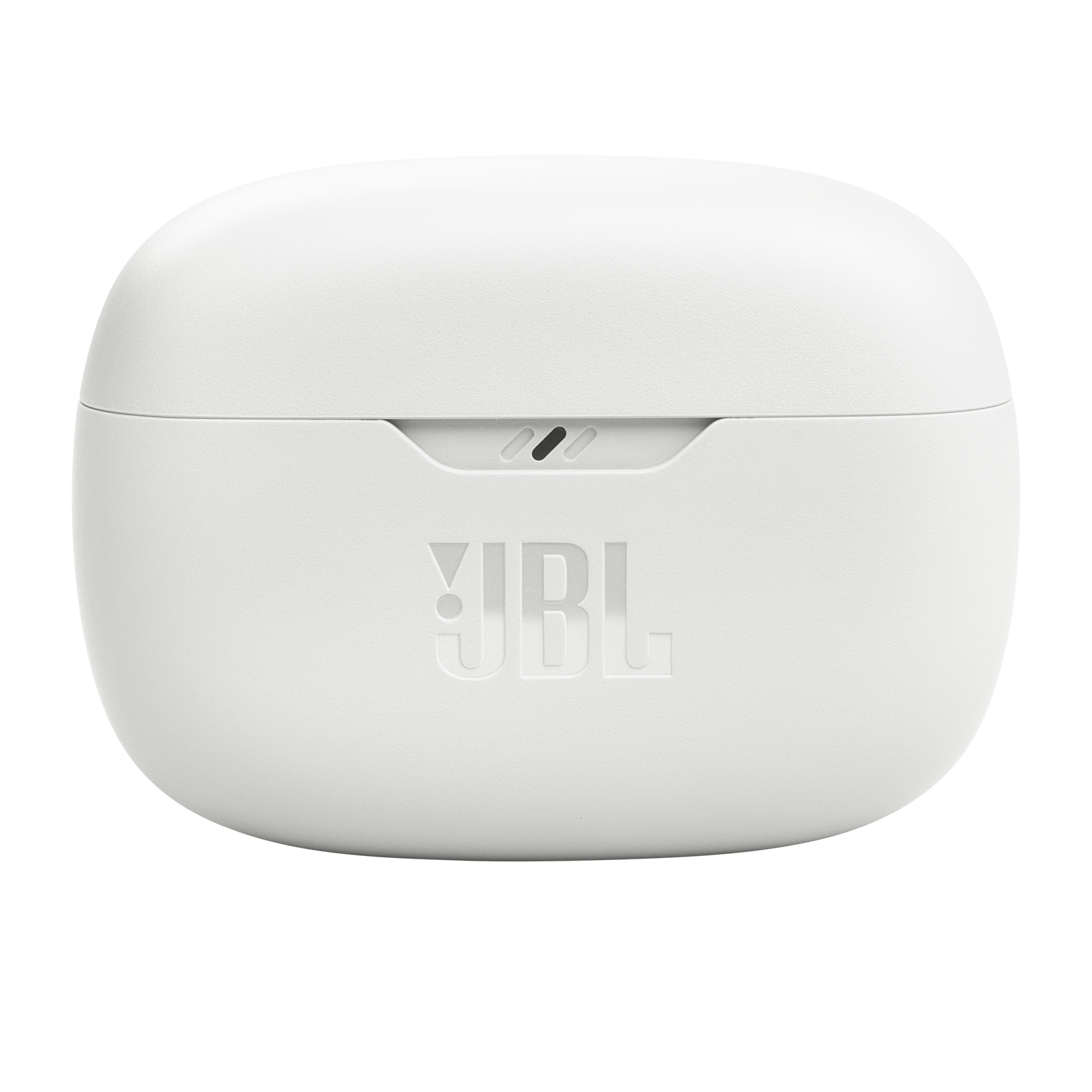JBL logosu olan beyaz, yuvarlak şarj kutusu, siyah bir arka plan ile.