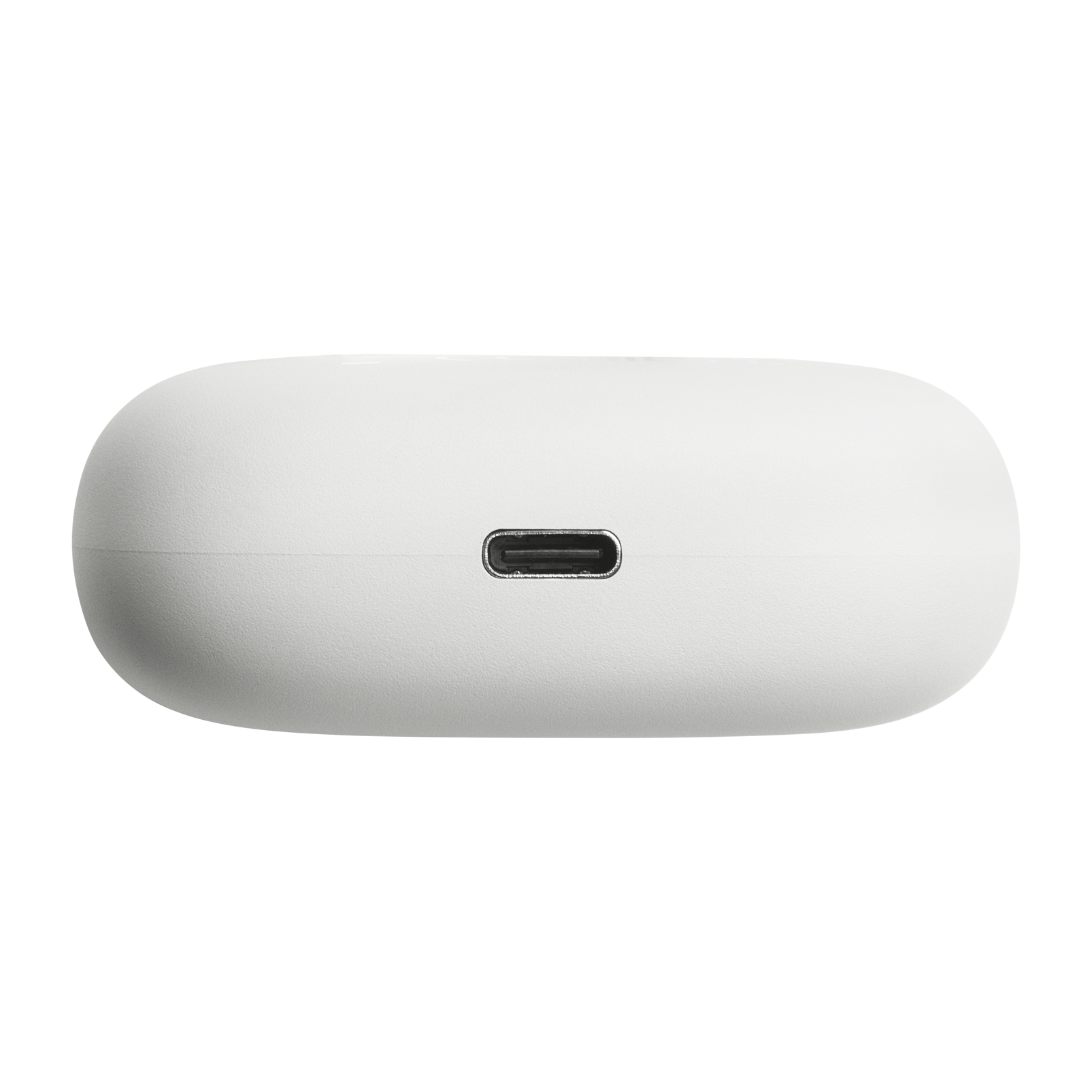 USB-C portlu beyaz, oval şarj kutusu.