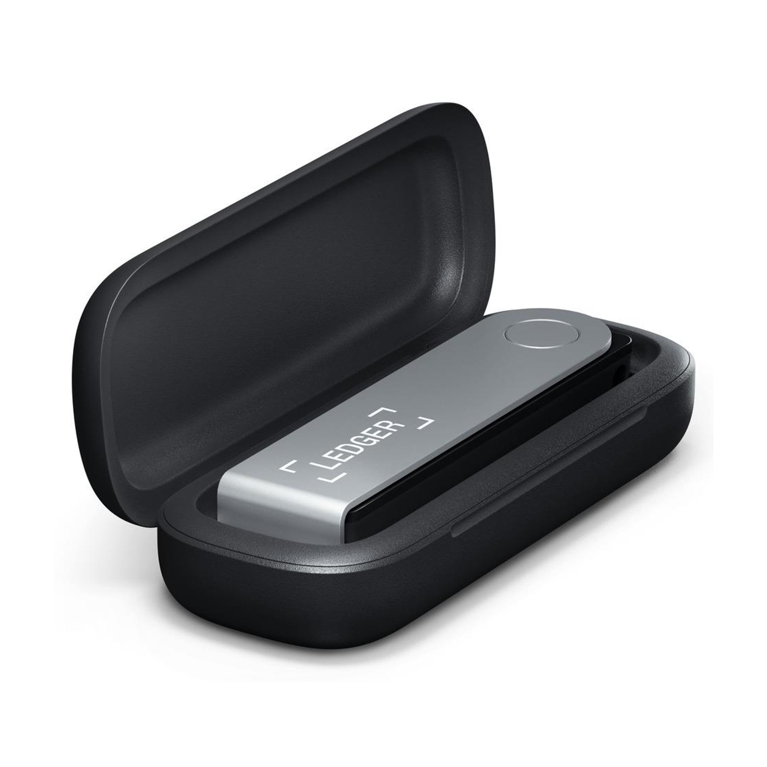 Un portafoglio hardware Ledger argento all'interno di una custodia nera.