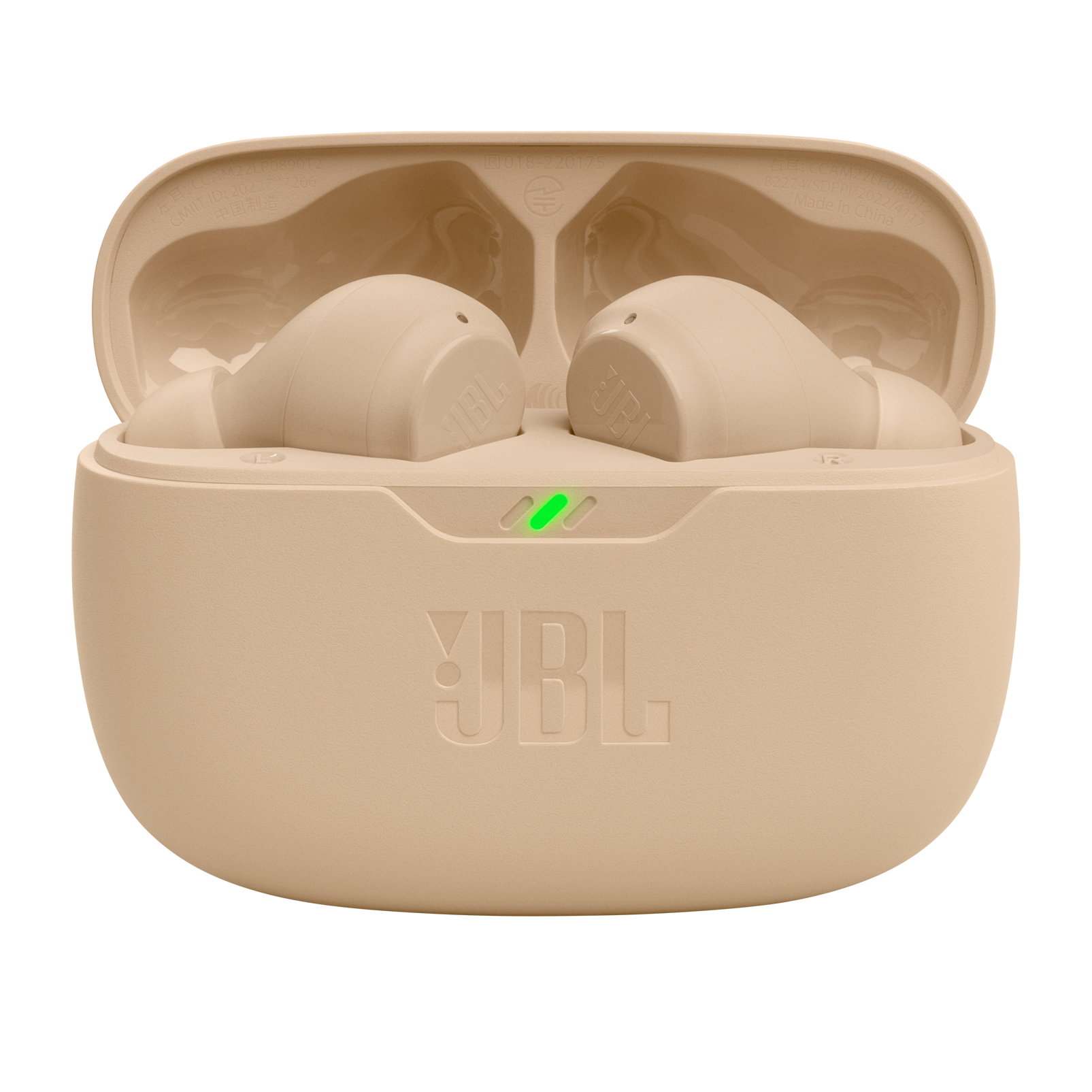 Şarj kutusunda kulaklıklar. Kutu, JBL logosu ile birlikte, ten rengi.