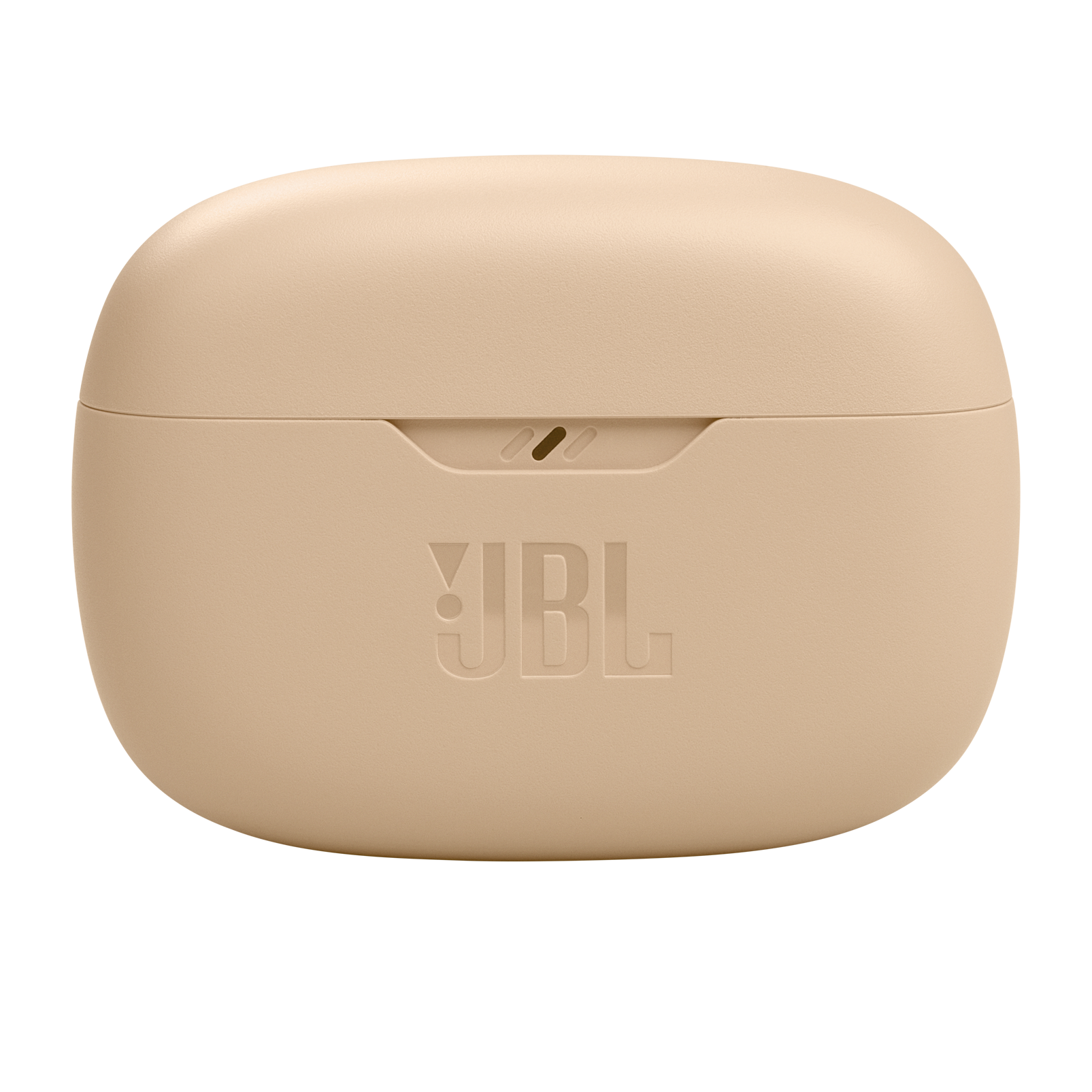 JBL kulaklıklar için ten rengi bir şarj çantası. JBL logosu ön tarafta.