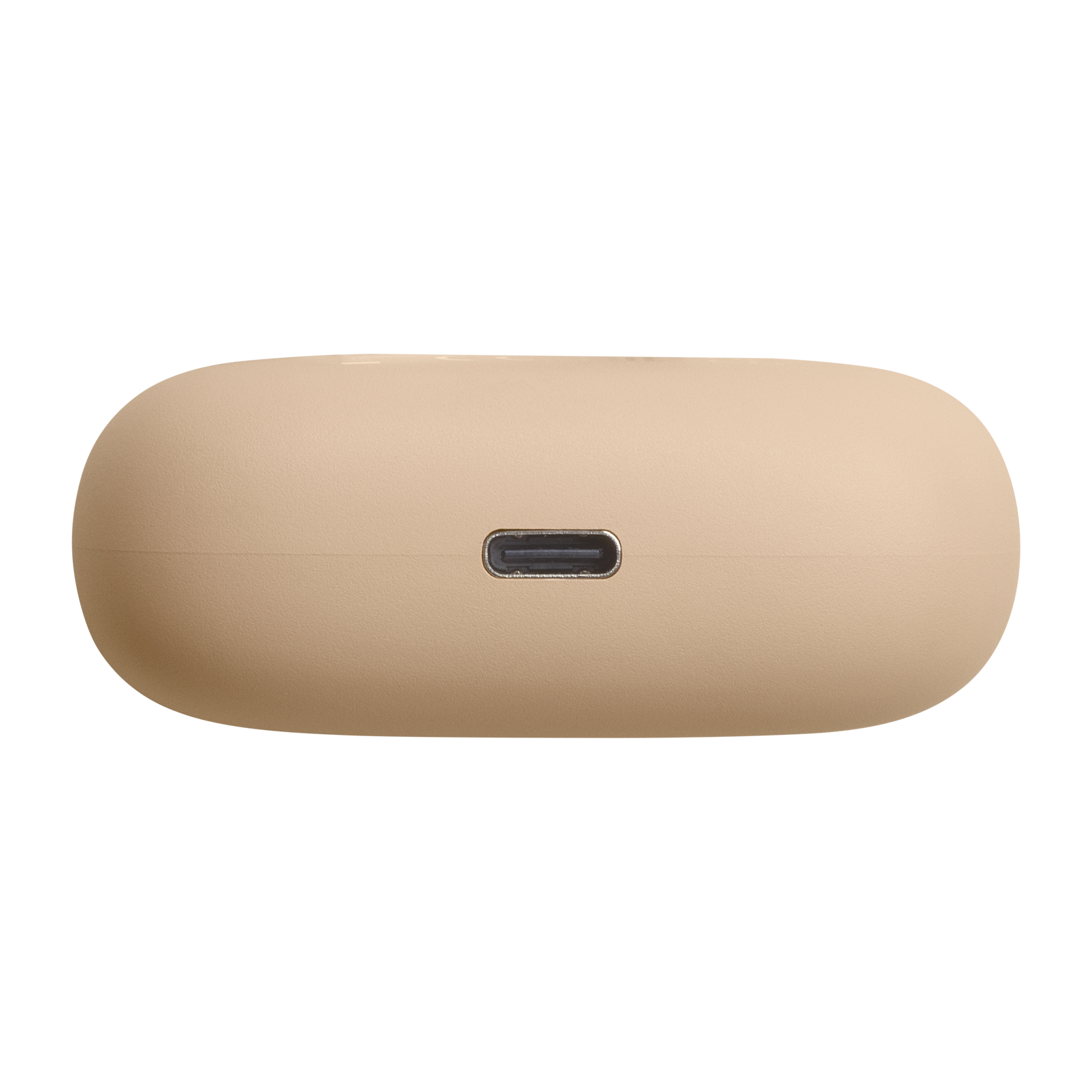 Alt kısmında bir USB-C bağlantı noktası bulunan bej bir şarj kutusu.