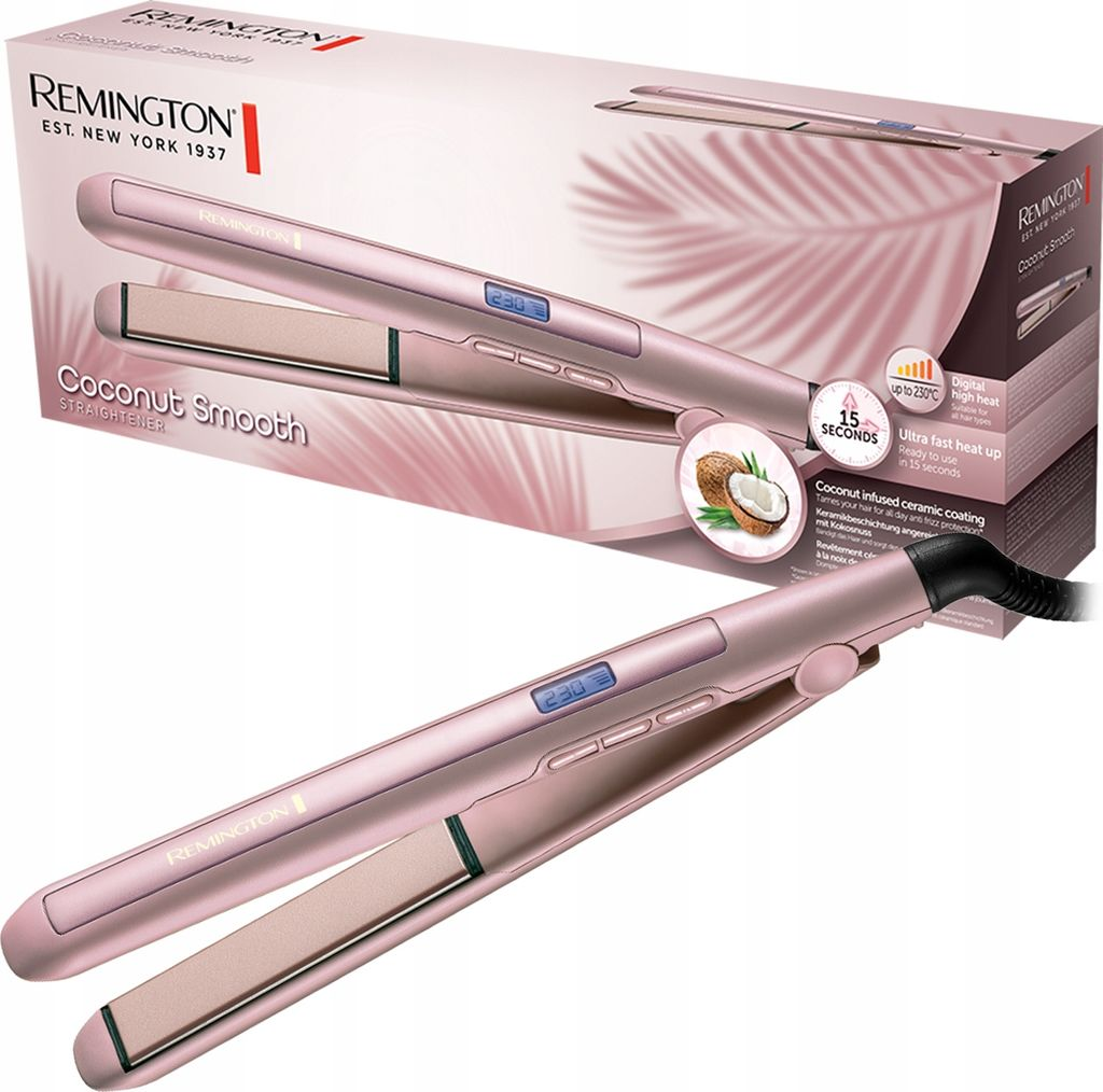 Prostownica do włosów i jej pudełko, różowe, kokosowe, na białej powierzchni. Ujęcie produktu.