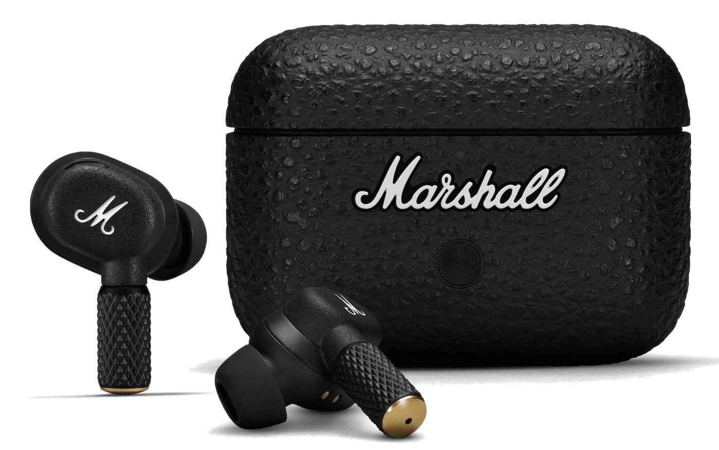 Bezprzewodowe słuchawki Marshall i etui ładujące. Czarne etui i słuchawki, białe logo Marshall.