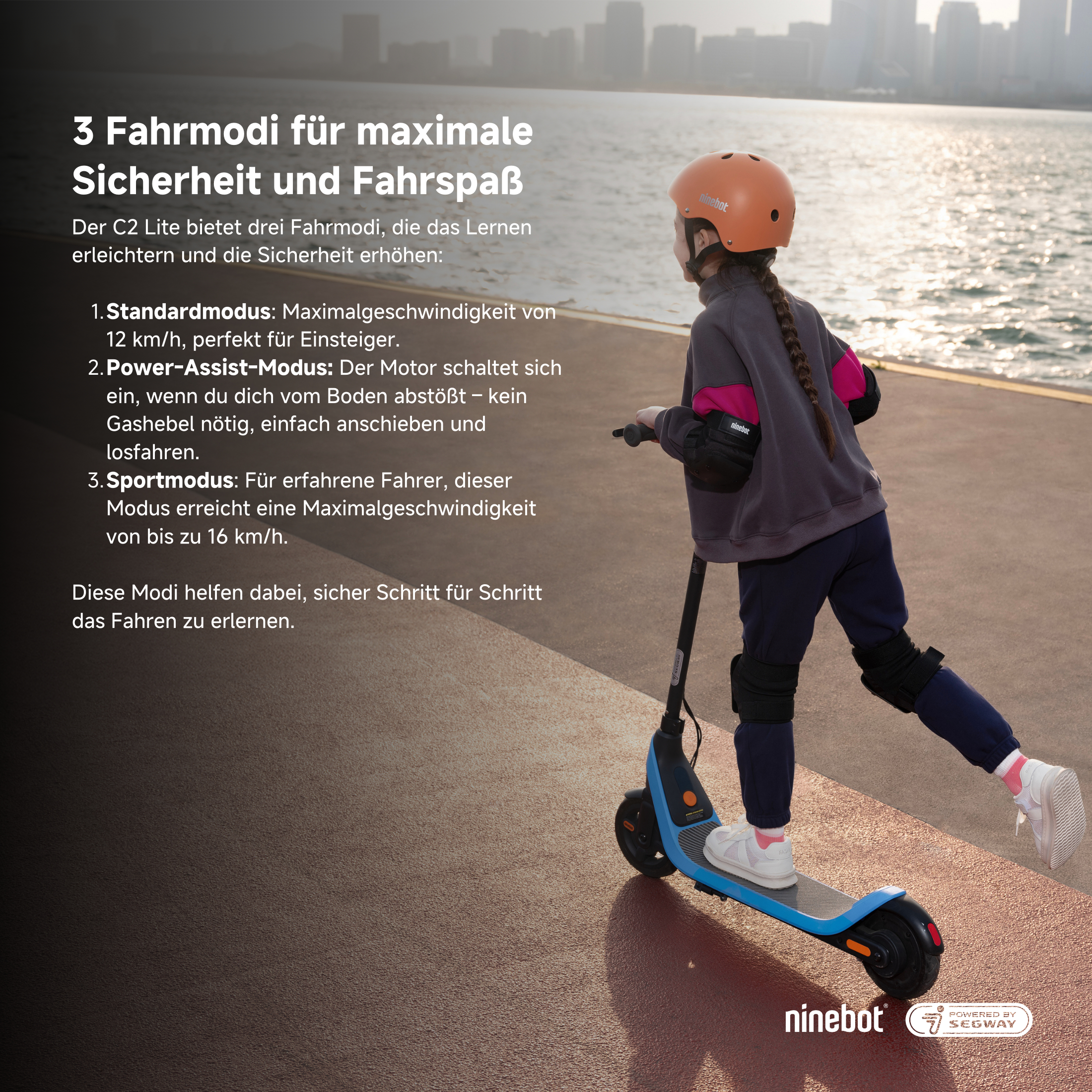 Ein Mädchen auf einem E-Scooter mit Text über Fahrmodi.