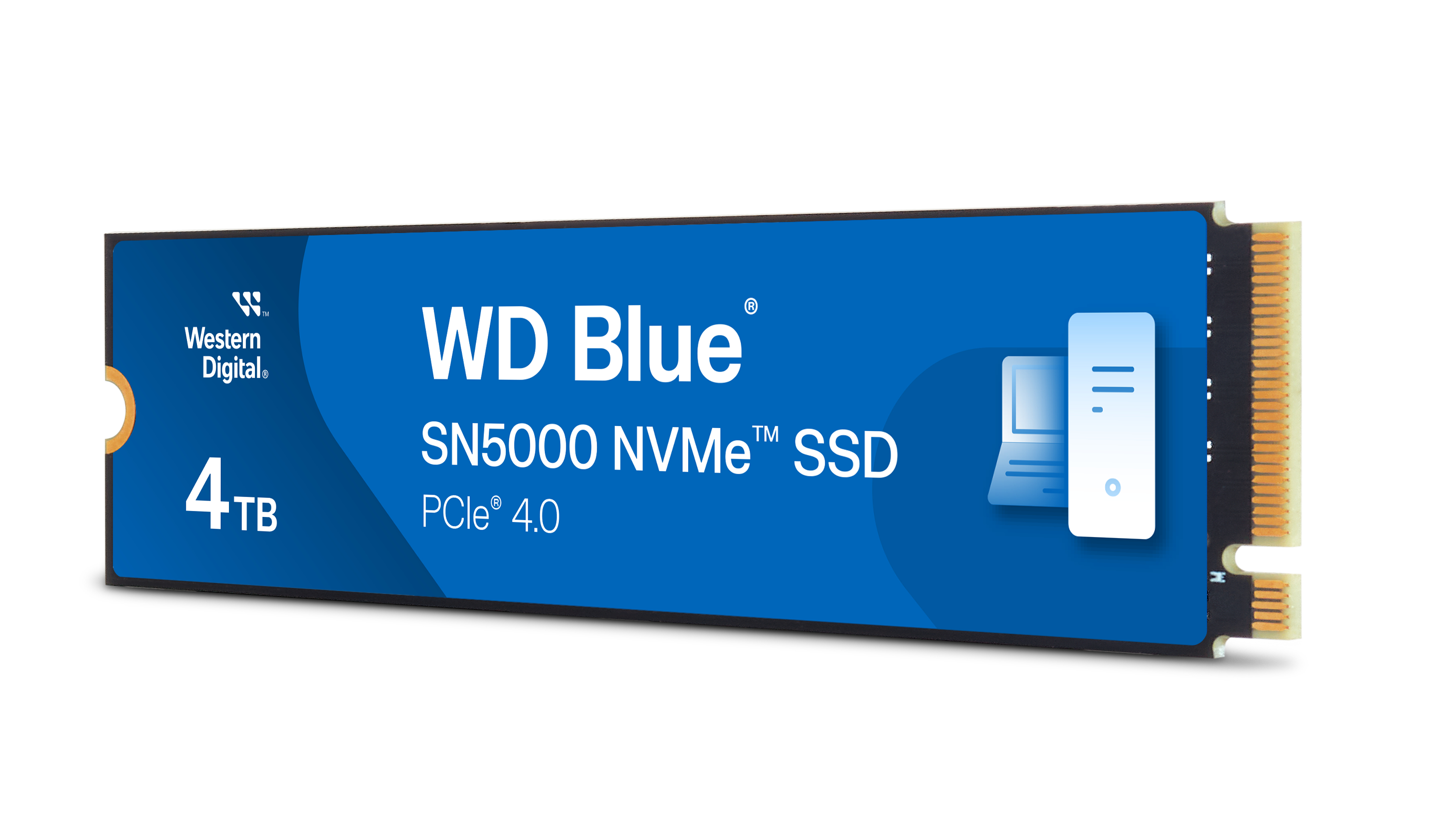 WD Blue 4TB NVMe SSD. Blaues Etikett mit weißem Text und einer Computergrafik.