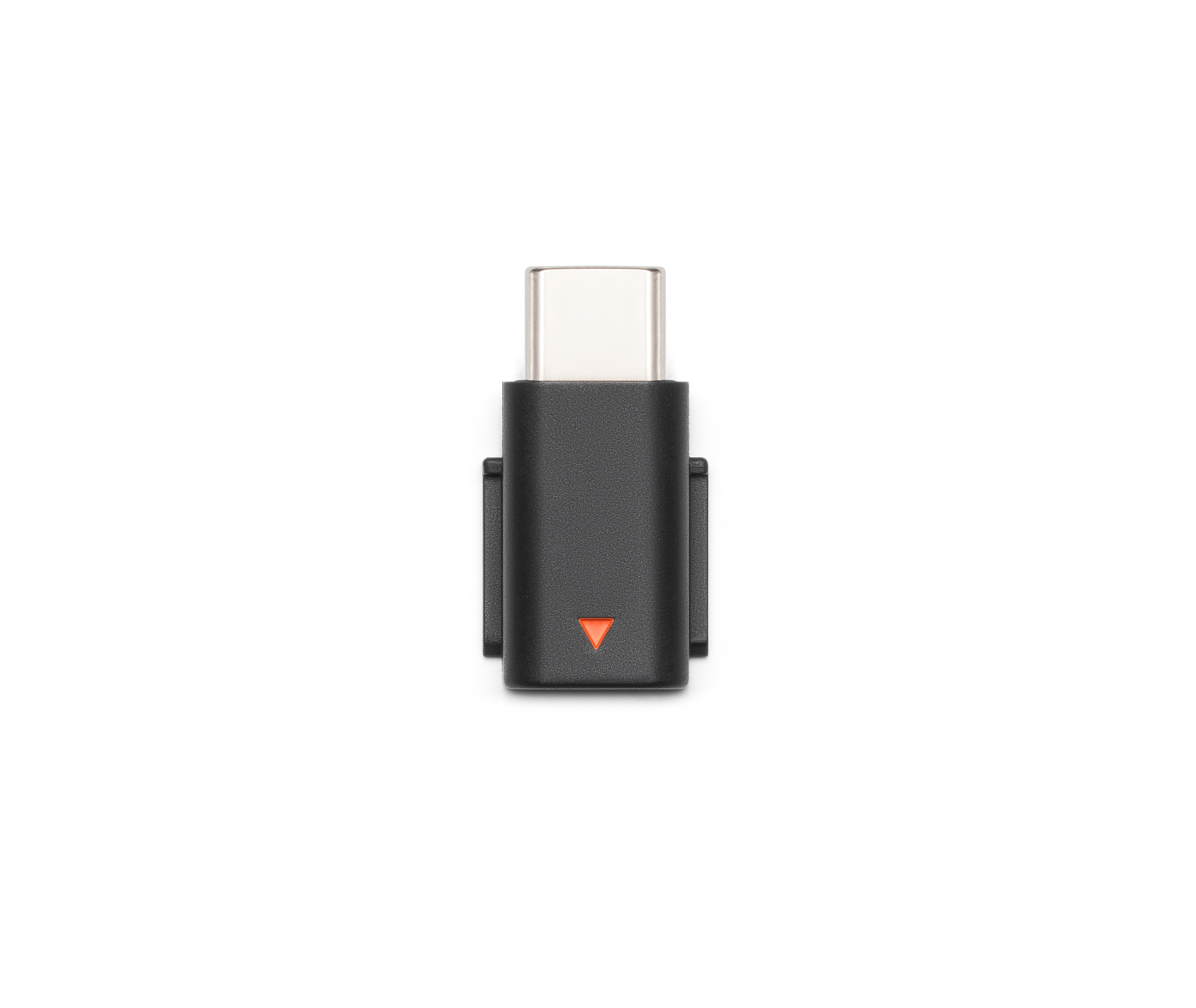 Schwarzer USB-C-Adapter mit roter Kontrollleuchte, auf weißem Hintergrund.