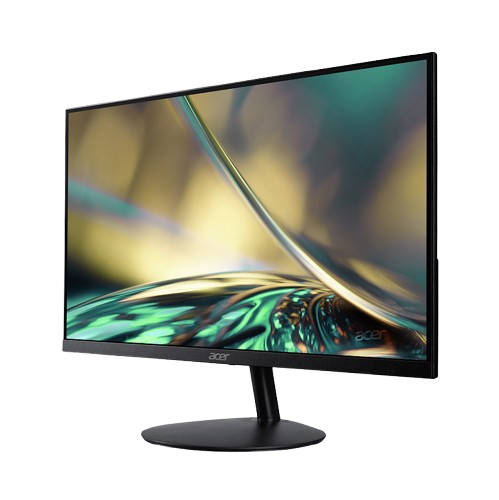 Monitor de computadora sobre un soporte negro, con fondo borroso, contra negro.