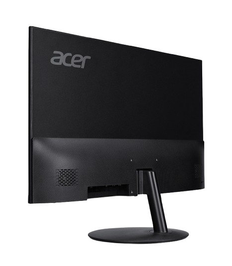 Monitor de ordenador negro, vista trasera, con logotipo de Acer y soporte.