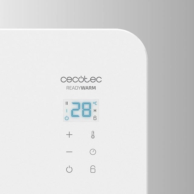 Panel de control blanco y gris con pantalla digital que muestra 28 grados Celsius.
