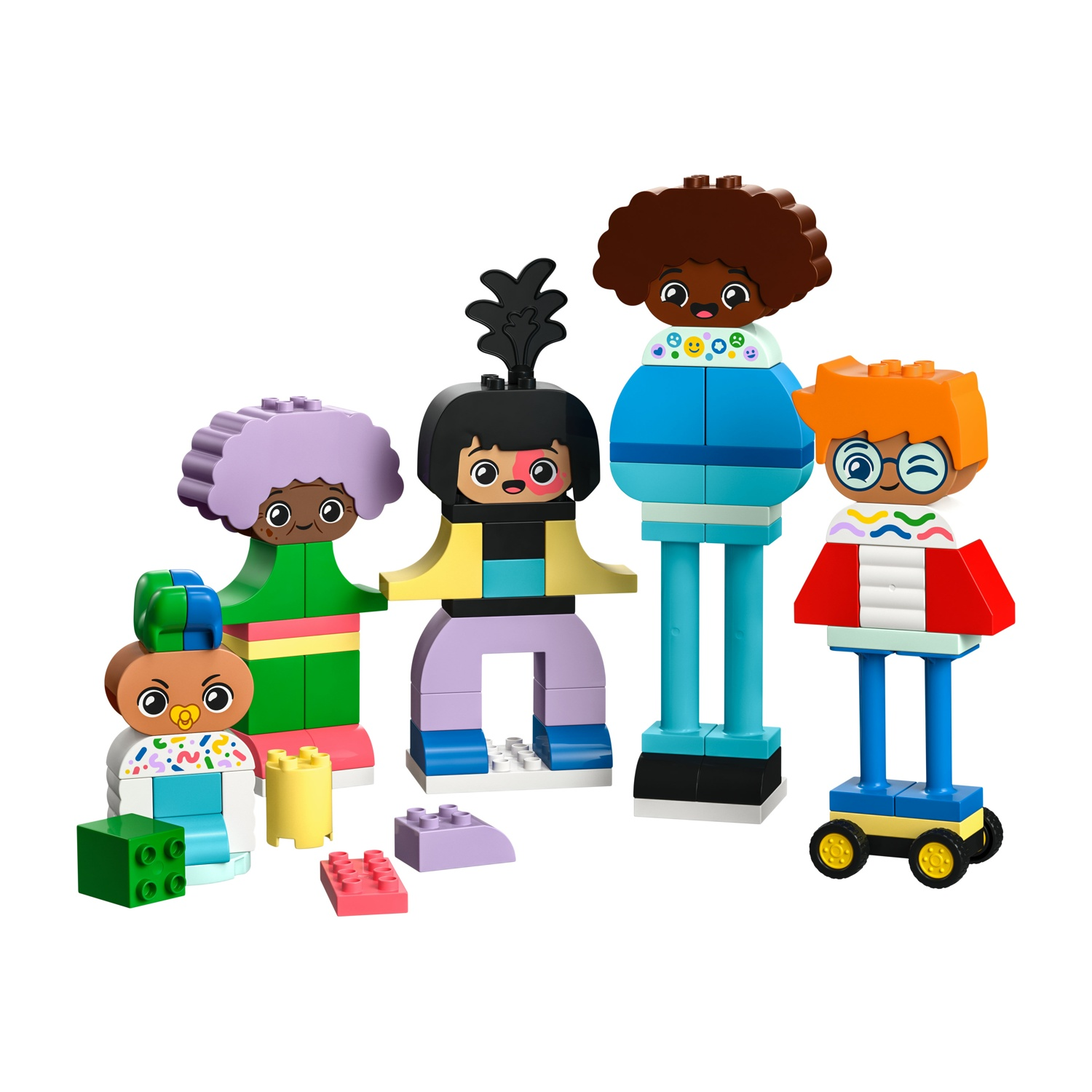 Figure LEGO Duplo di persone stilizzate, con diversi colori, forme e accessori.
