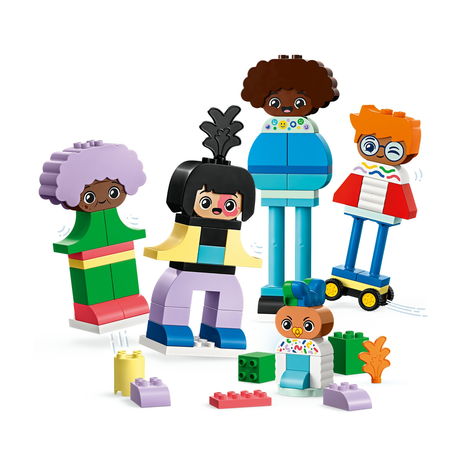 Figure LEGO Duplo di bambini diversi con abiti vivaci e acconciature varie, su sfondo bianco.