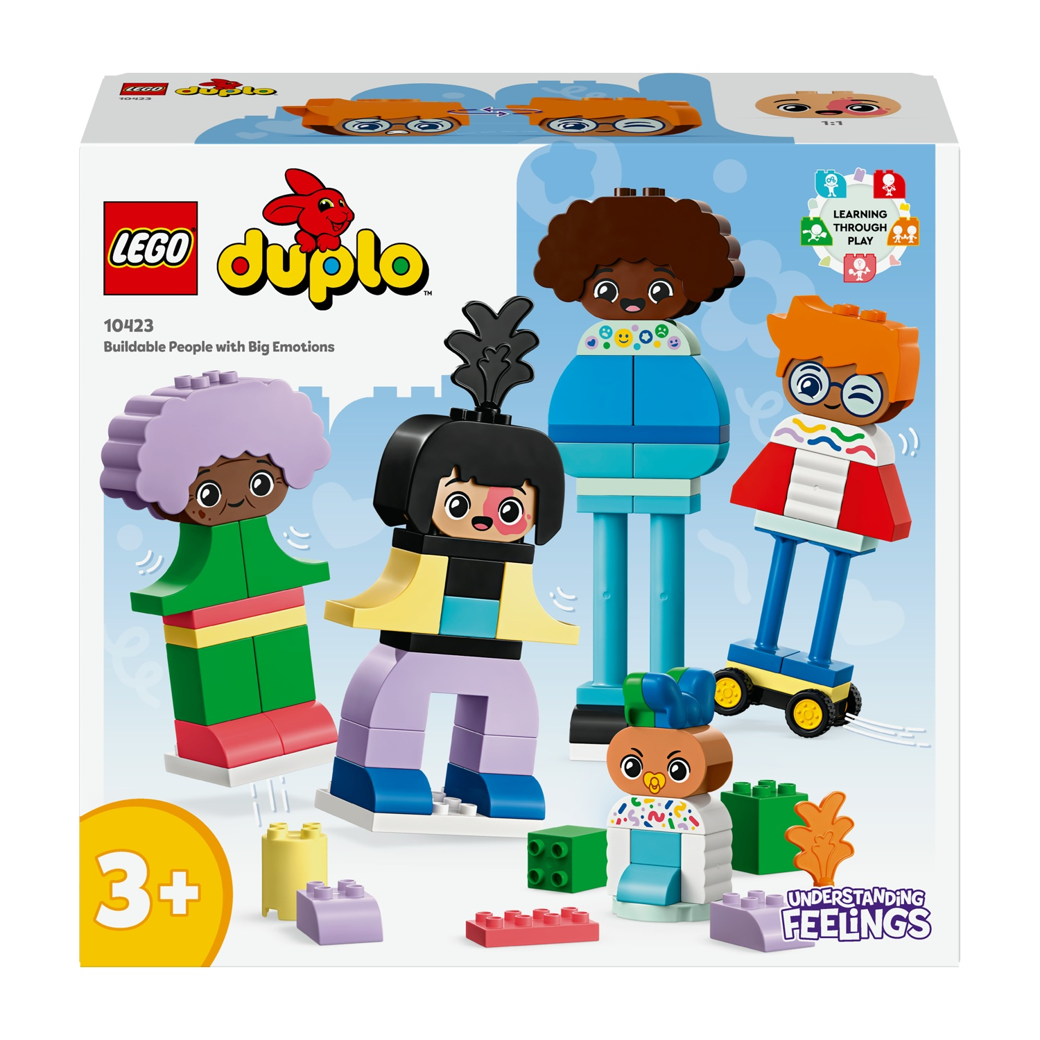 Scatola Lego Duplo con personaggi. Quattro personaggi Duplo con grandi emozioni sono mostrati su una scatola bianca.