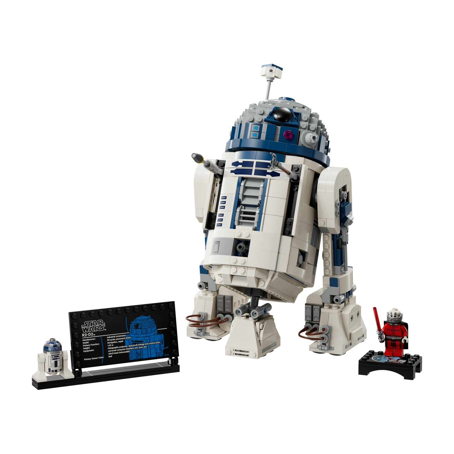 Modello Lego Star Wars R2-D2 e minifigure con scheda dati e un piccolo supporto. Sfondo bianco.