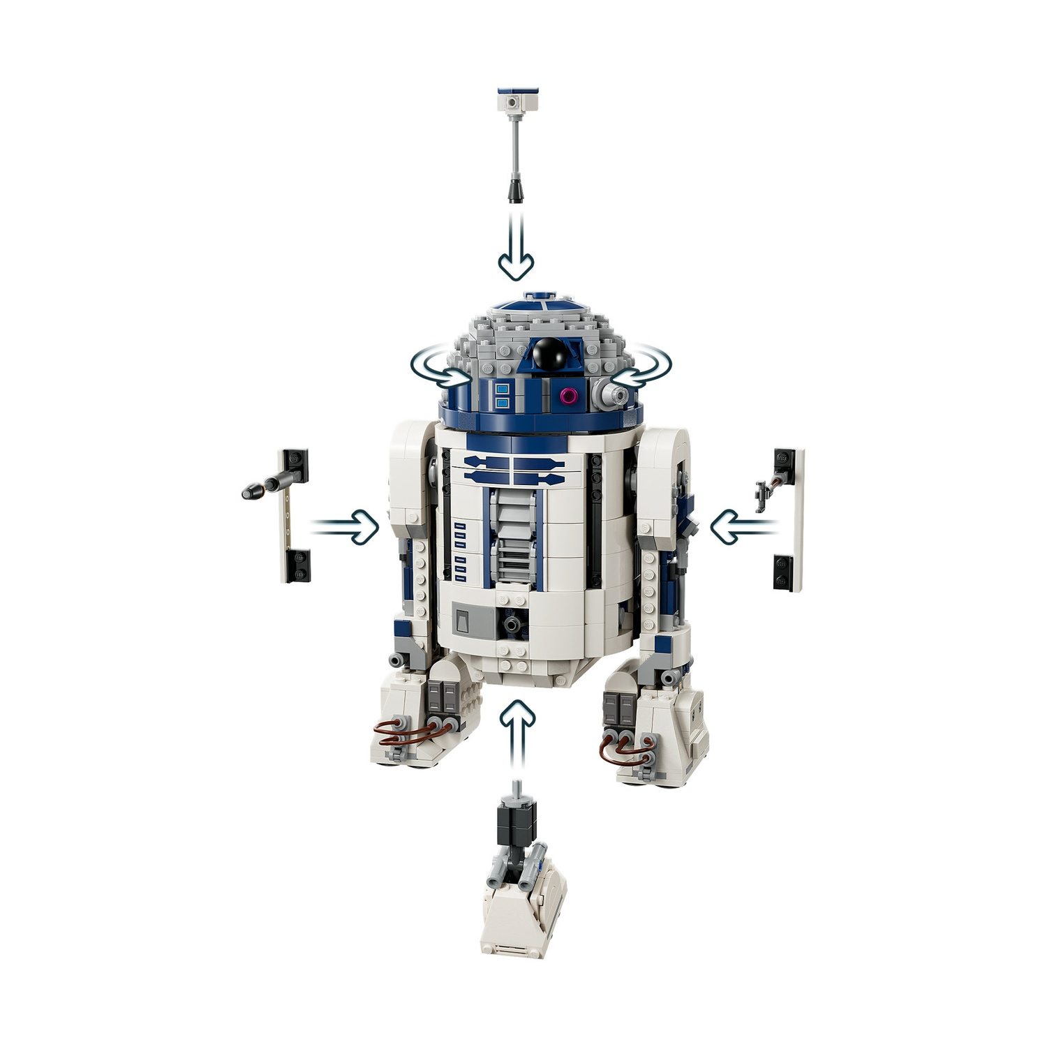 Modello LEGO R2-D2 con parti esplose, pronto per il montaggio, su sfondo bianco.