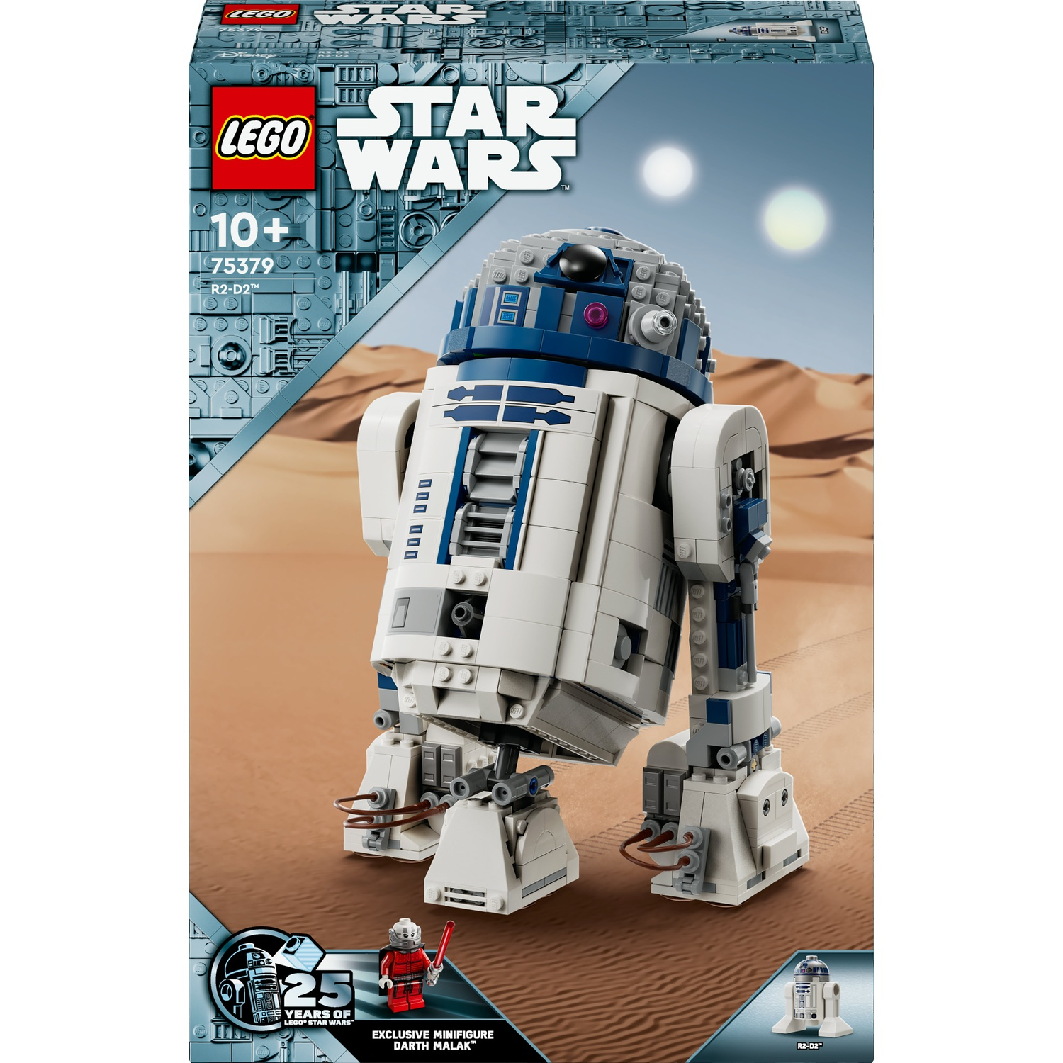 Set Lego Star Wars R2-D2. Droide bianco e blu su sfondo desertico.