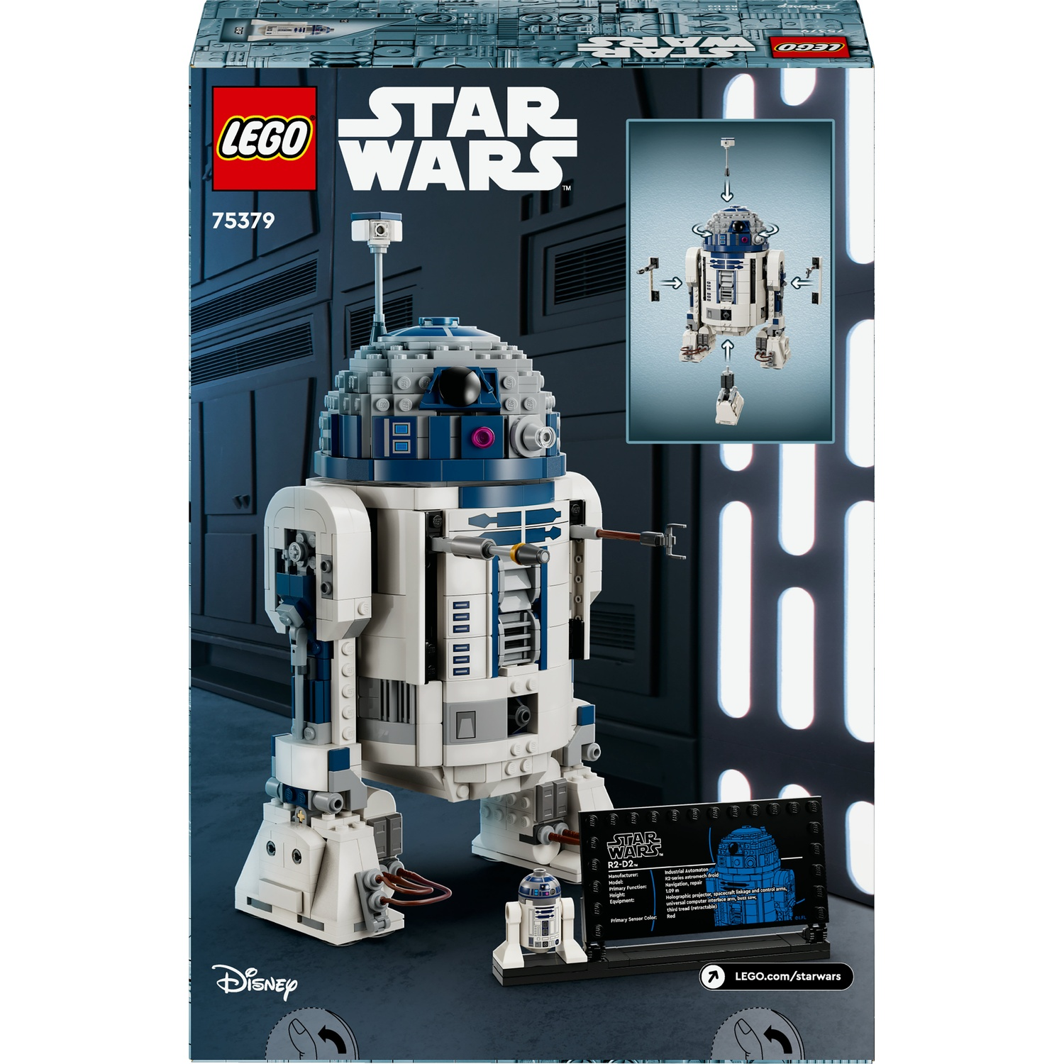 Un set LEGO Star Wars. Il modello è R2-D2. La scatola mostra il set e una versione più piccola.