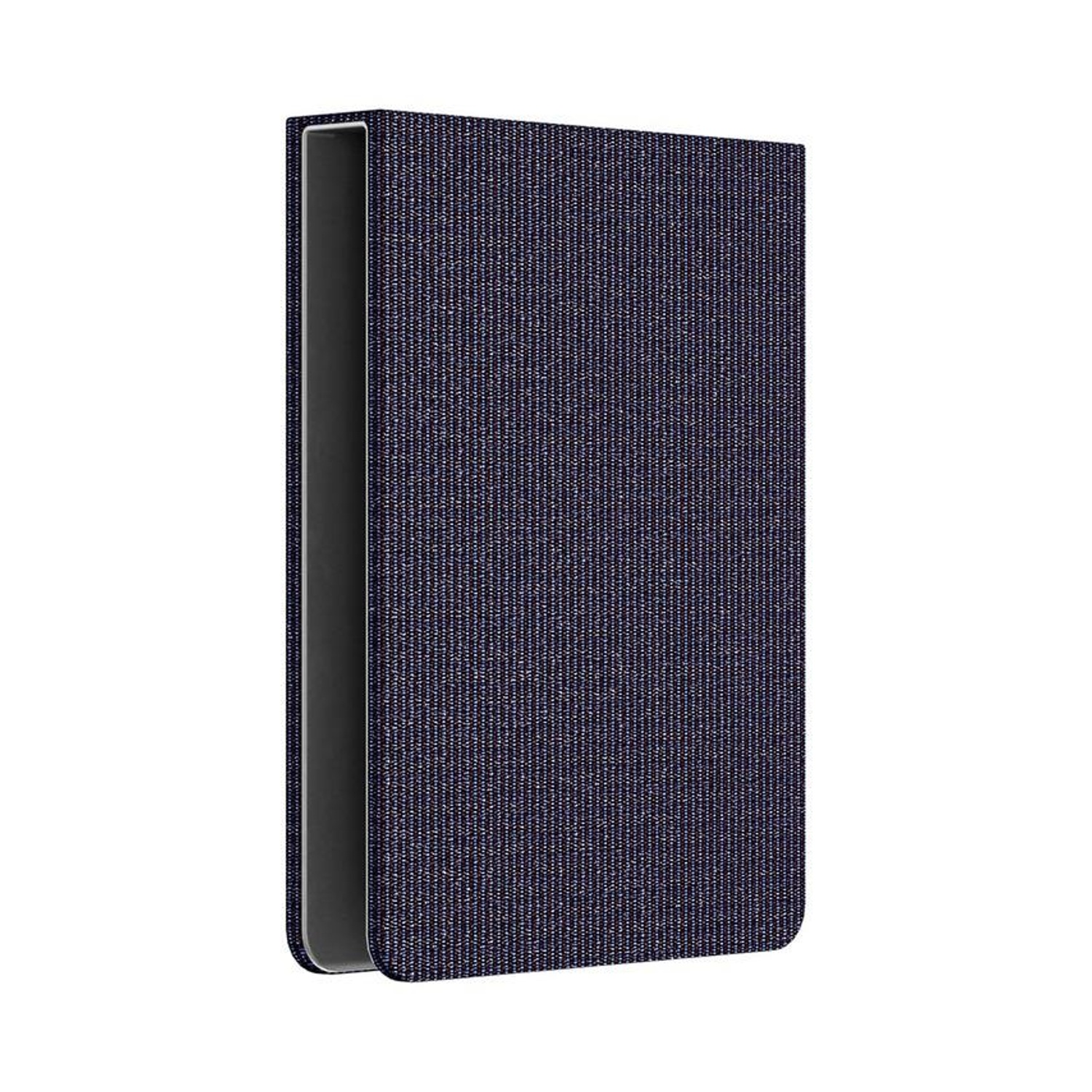 Copertina di libro in tessuto blu scuro, chiusa. Design minimalista, con dorso nero.