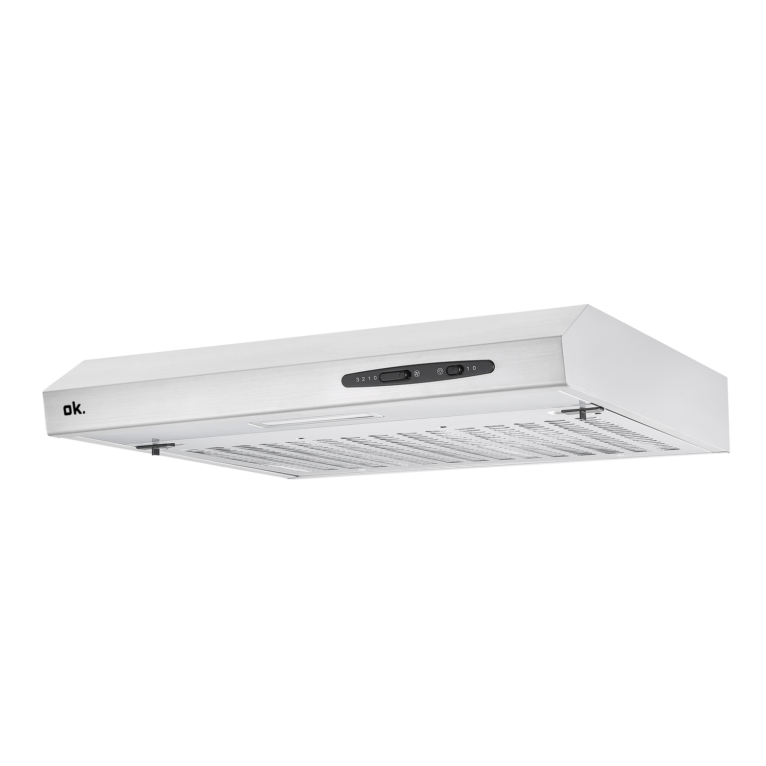 A white range hood with controls on the front.