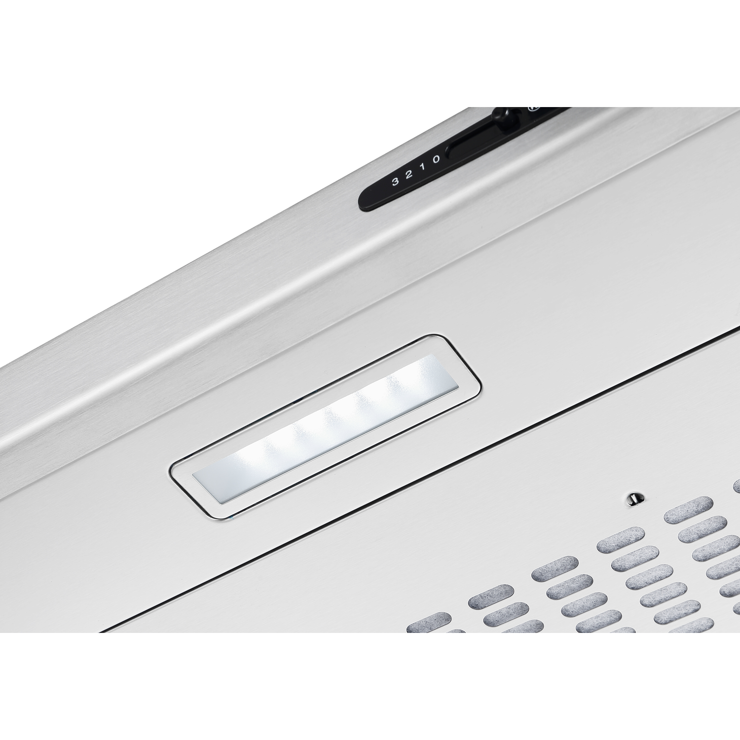 Underside of a white range hood with a light and ventilation grids.