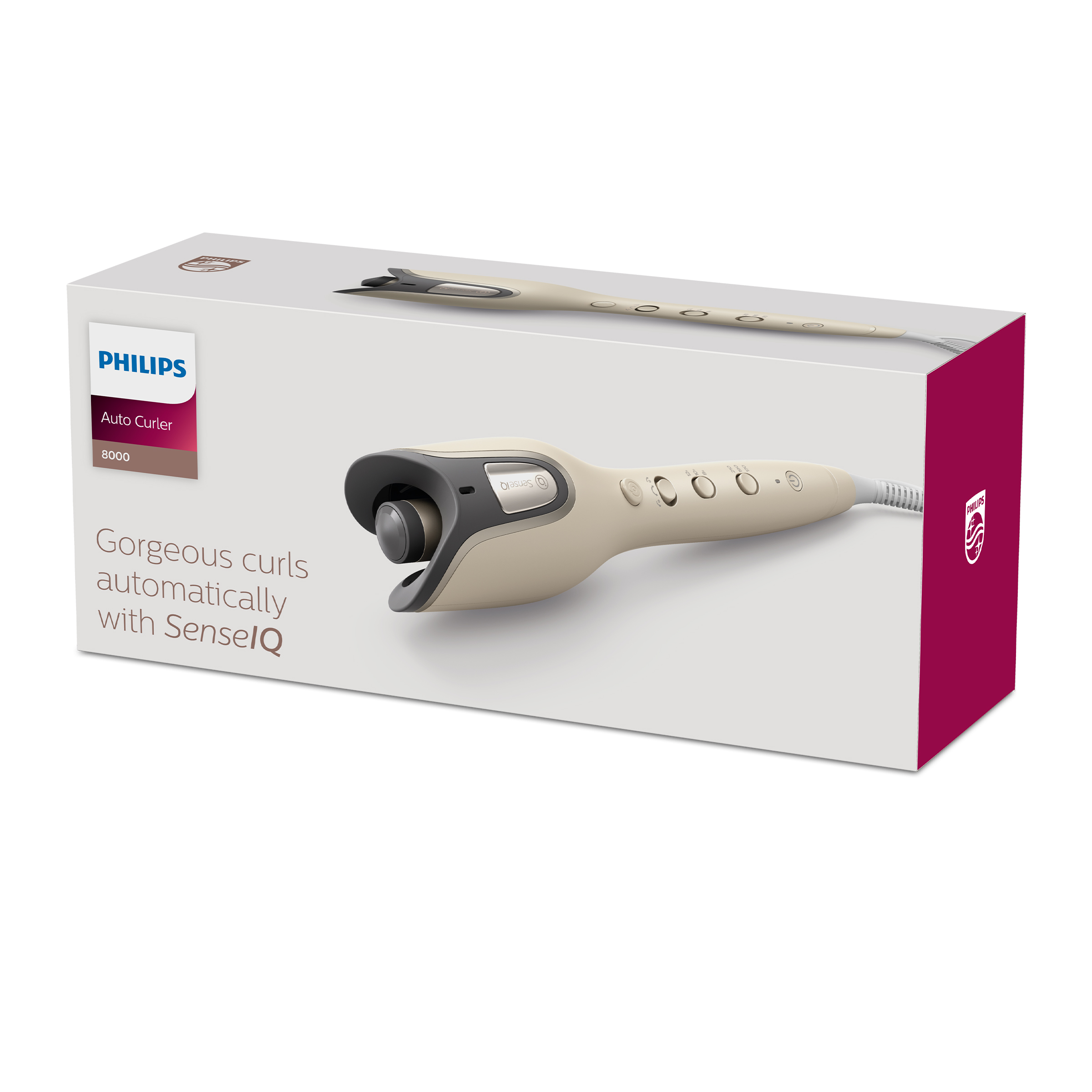 Lokówka automatyczna Philips w pudełku. Pudełko jest głównie białe z beżowymi detalami.