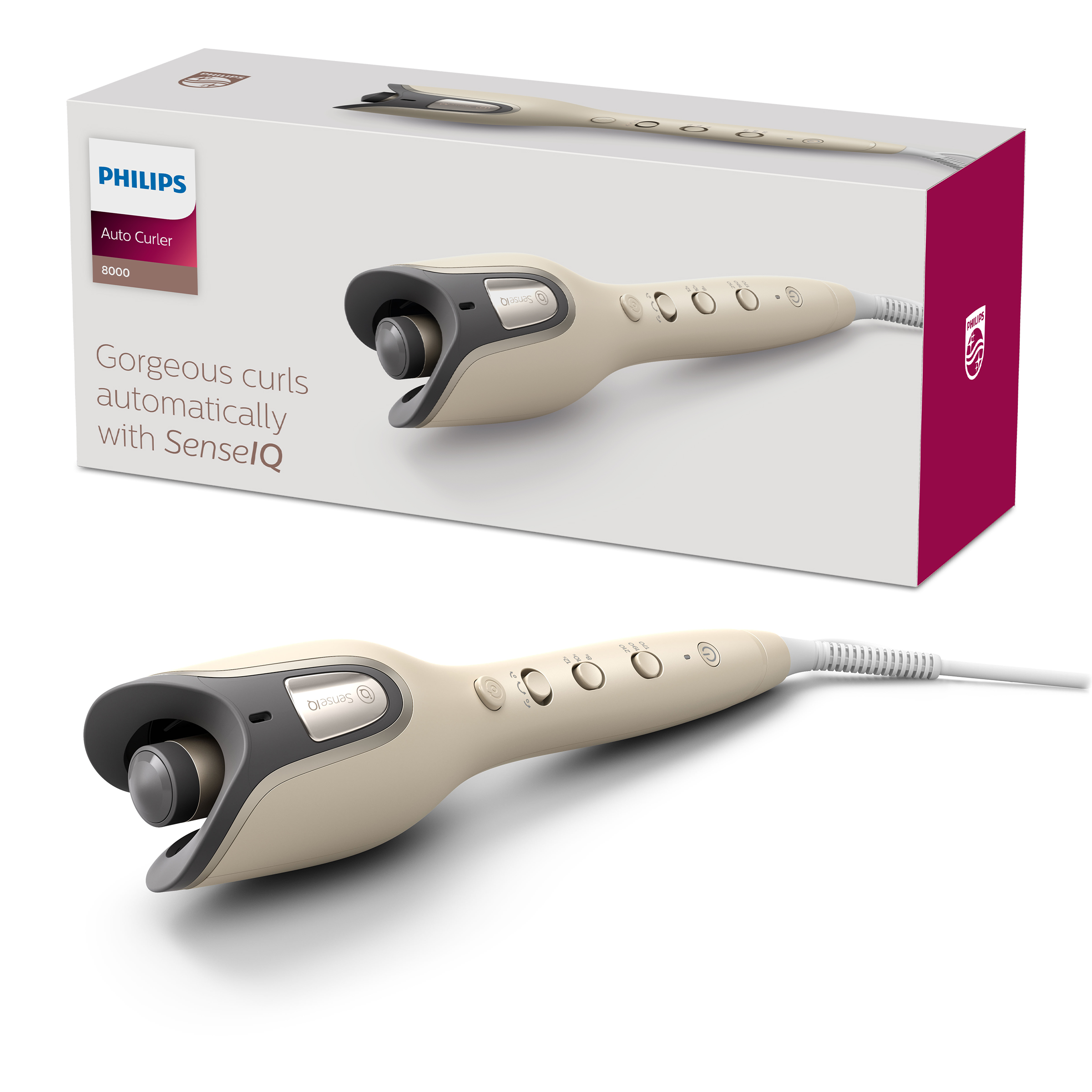 Lokówka automatyczna Philips z pudełkiem, na białym tle.