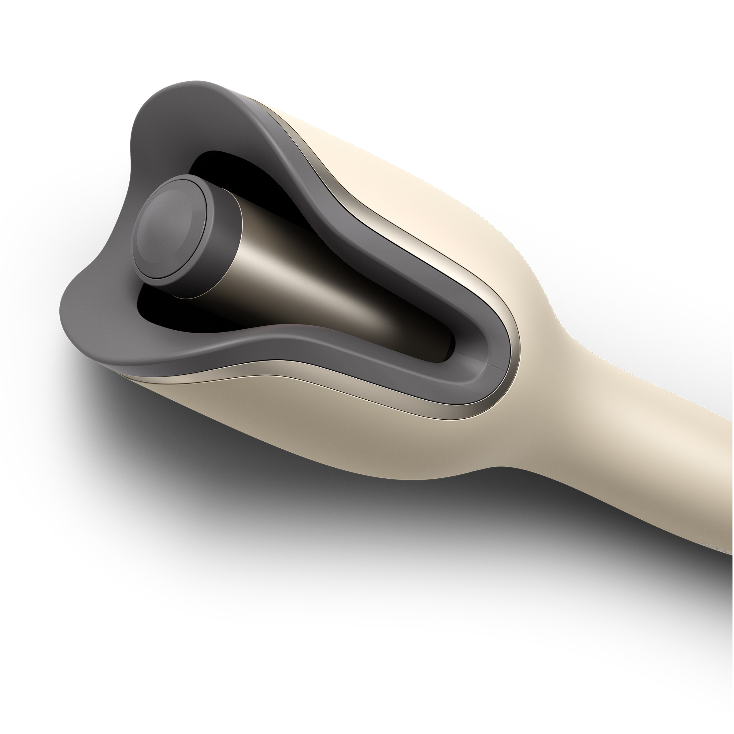 Kremowo-szary blender ręczny. Widok z góry. Białe tło.