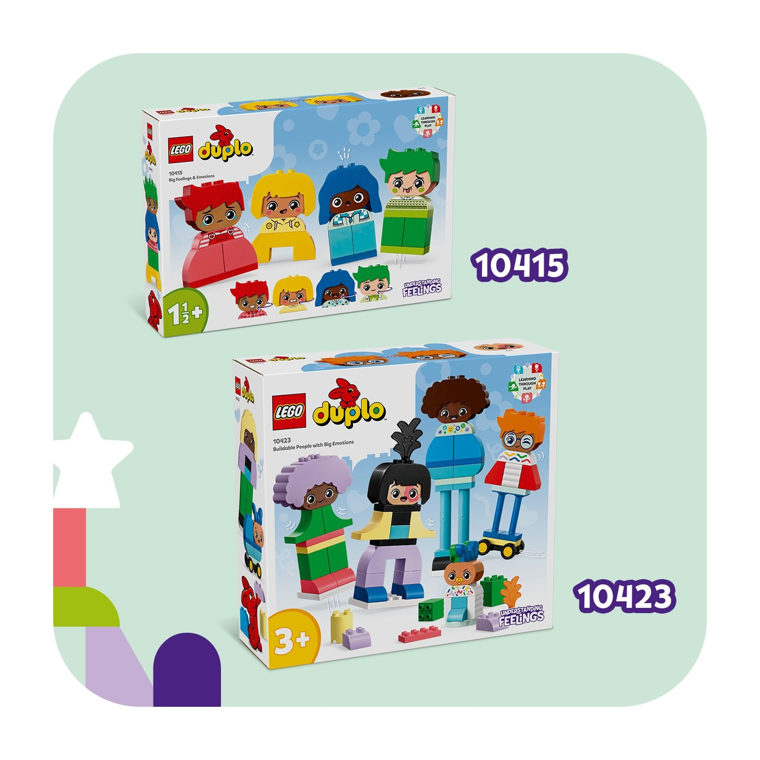 Due scatole LEGO Duplo. Una mostra una bambina con un vestito rosso, l'altra un bambino con una giacca blu.