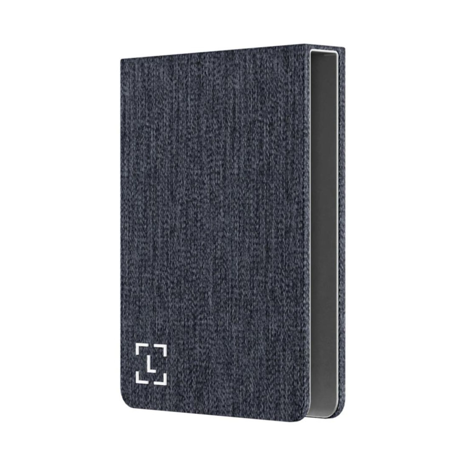 Custodia blu scuro con un design ad angolo, con sfondo bianco.
