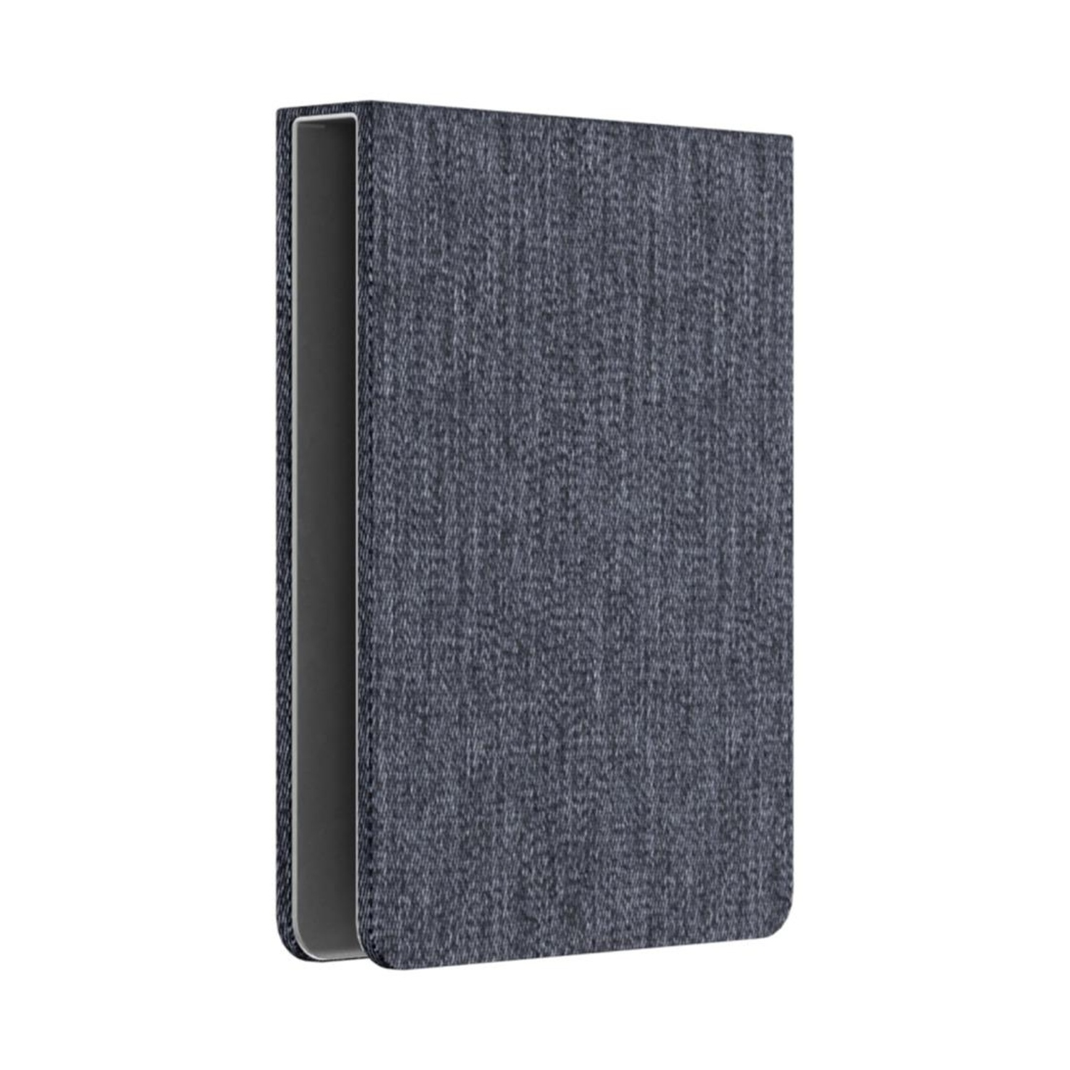 Una custodia per tablet con texture denim, aperta, che rivela un interno grigio. La custodia è in piedi su uno sfondo bianco.