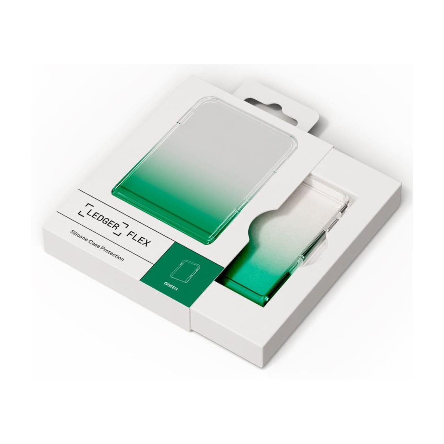 Una scatola bianca con una custodia sfumata verde all'interno. È etichettata come custodia in silicone Ledger Flex.