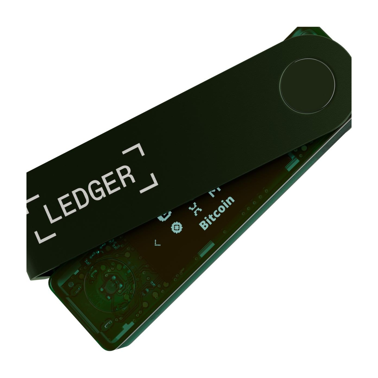 Portafoglio hardware Ledger Nano X, aperto. Nero, con logo Bitcoin visualizzato sullo schermo.
