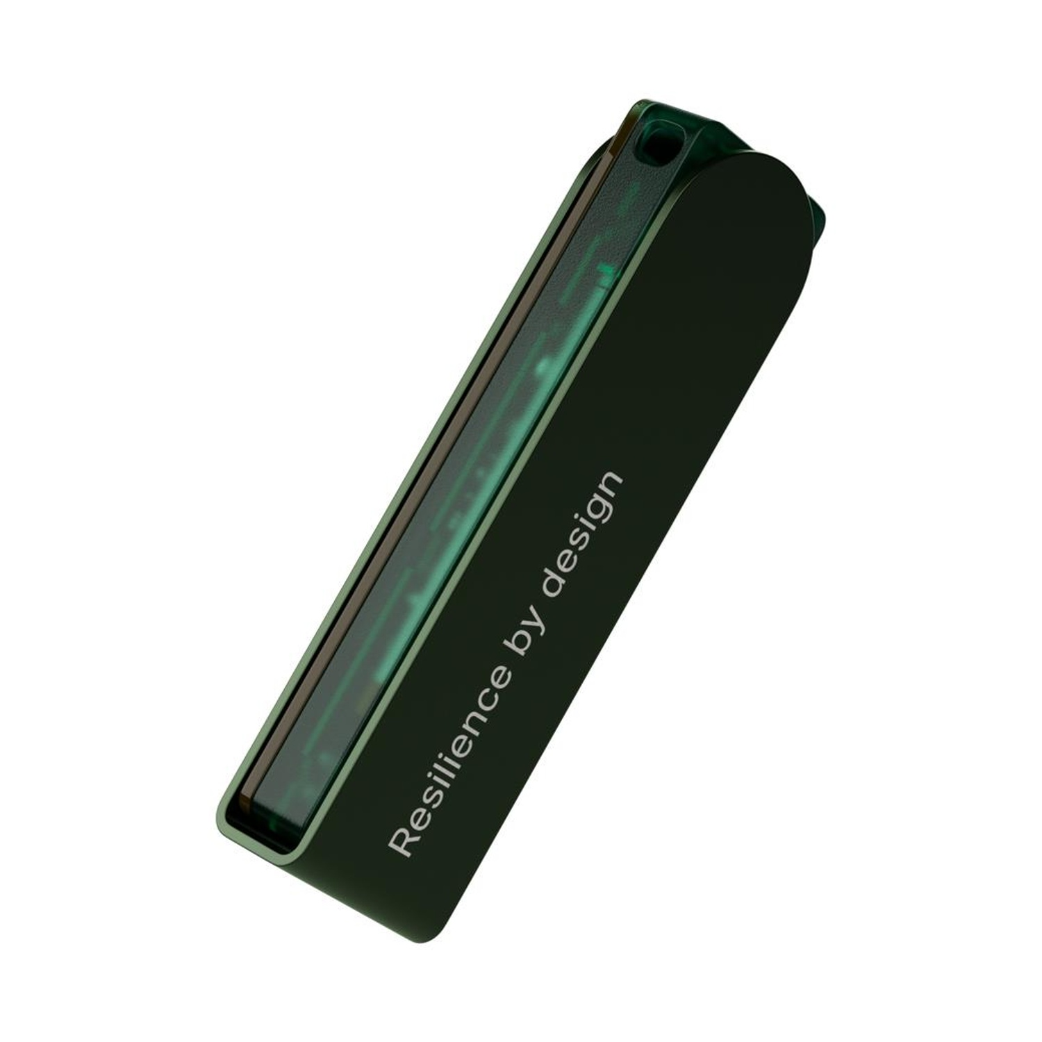 Dispositivo rettangolare verde scuro con testo su sfondo bianco.