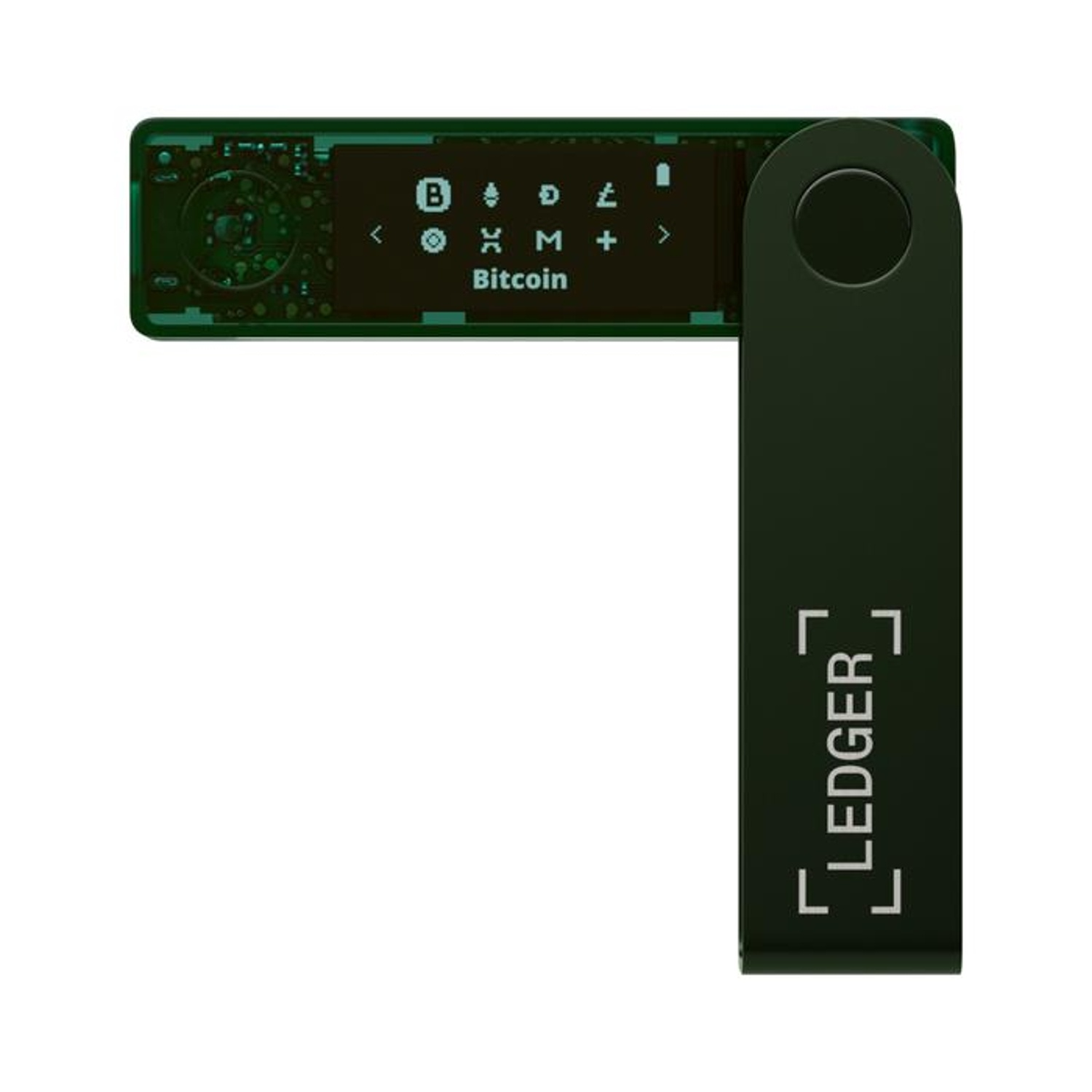 Un portafoglio hardware Ledger Nano S Plus nero e verde.