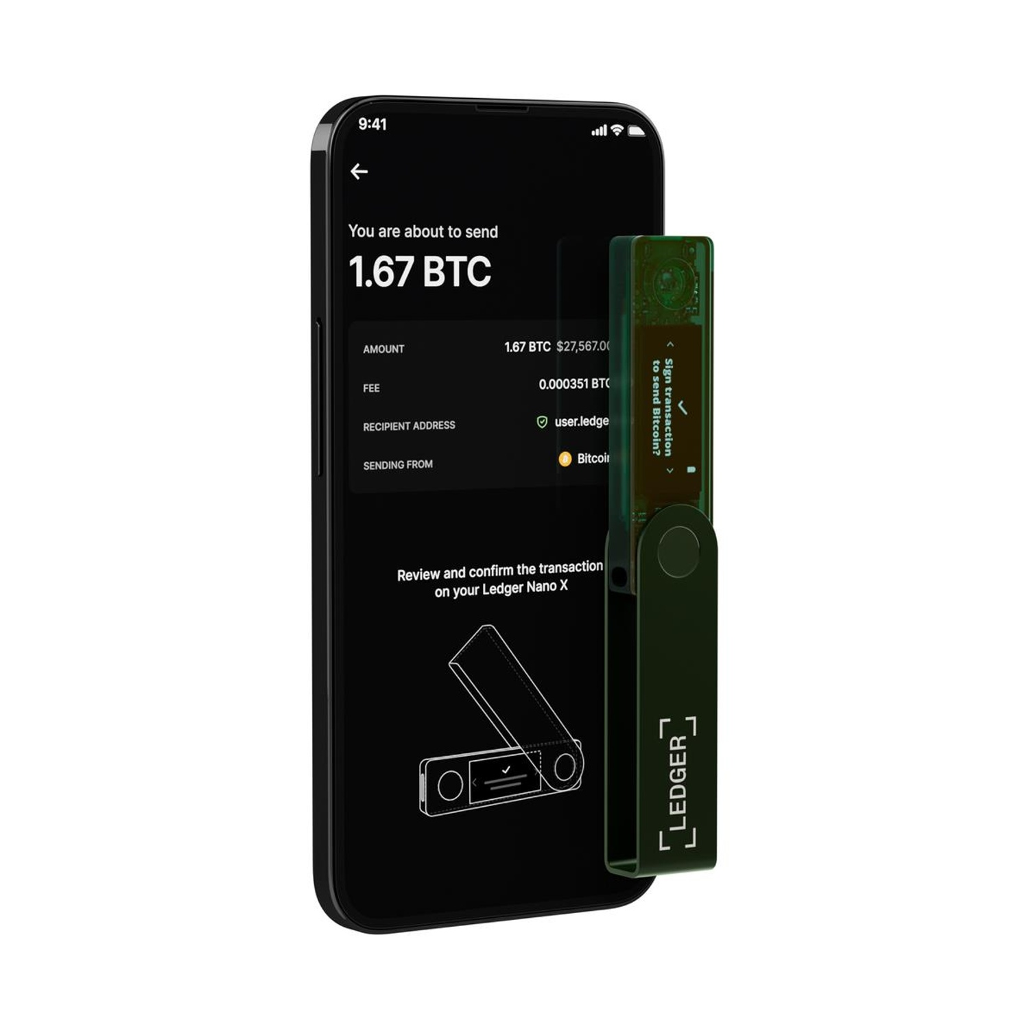 Ledger Nano X con un telefono che mostra una transazione crittografica.