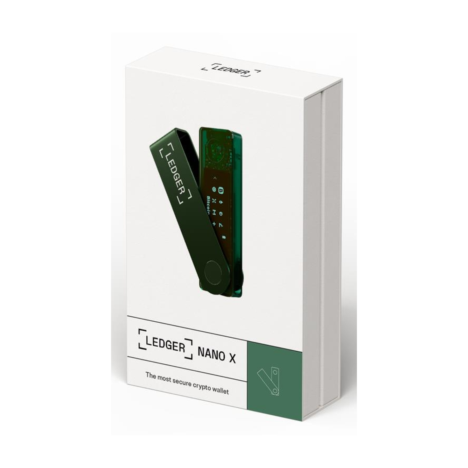 Portafoglio crypto Ledger Nano X in una scatola bianca. Portafoglio verde visibile.