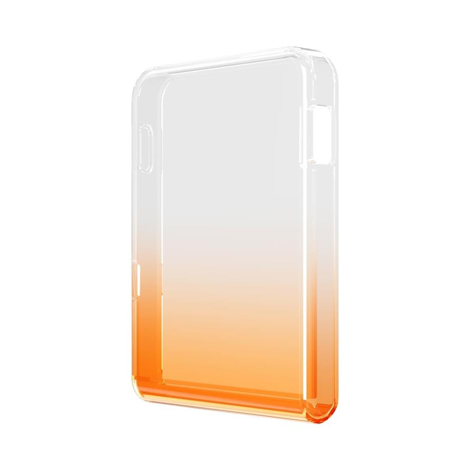 Una custodia trasparente per telefono con una sfumatura arancione nella parte inferiore, su sfondo bianco.