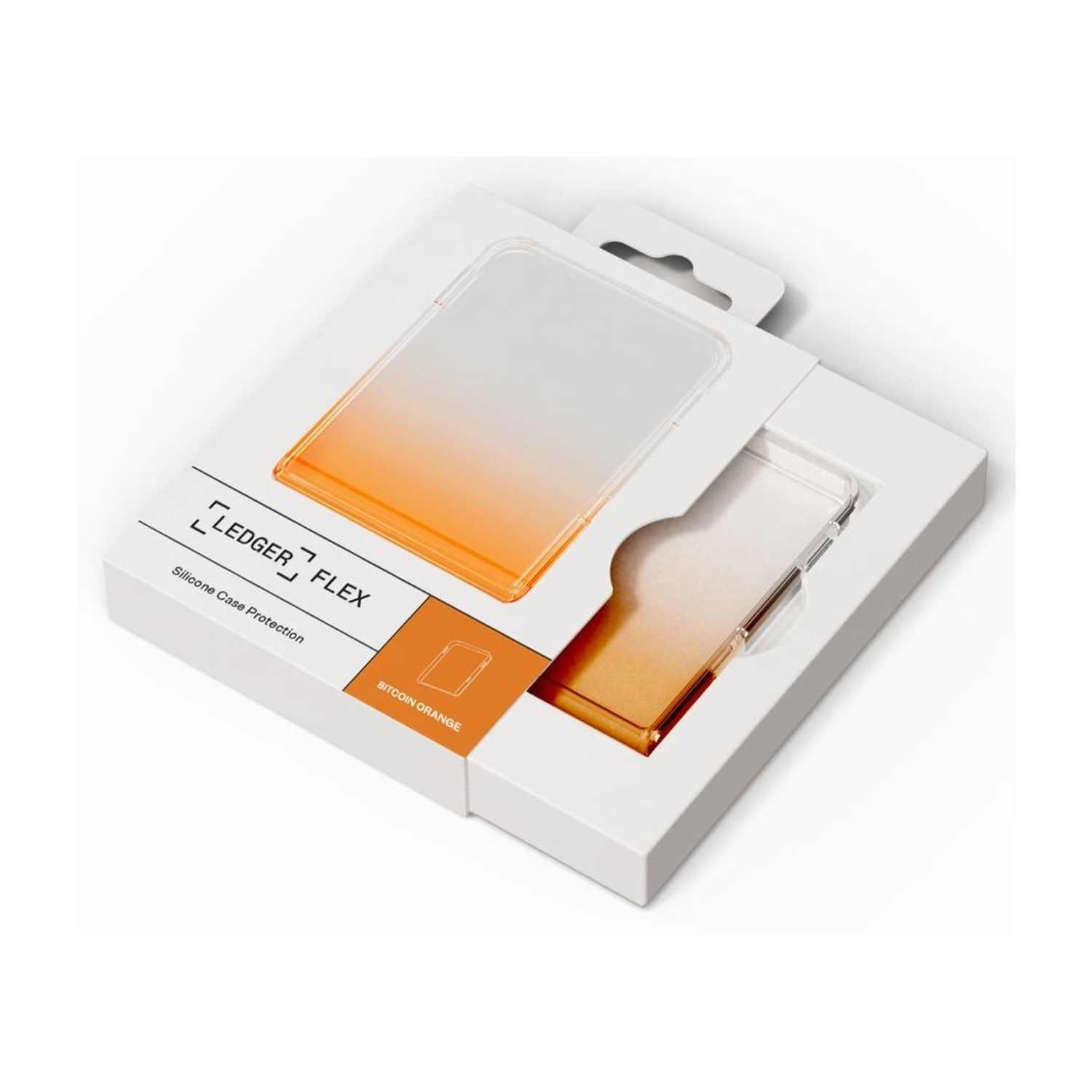 Un Ledger Flex nella sua scatola. La scatola è bianca con una sfumatura arancione sul prodotto all'interno.