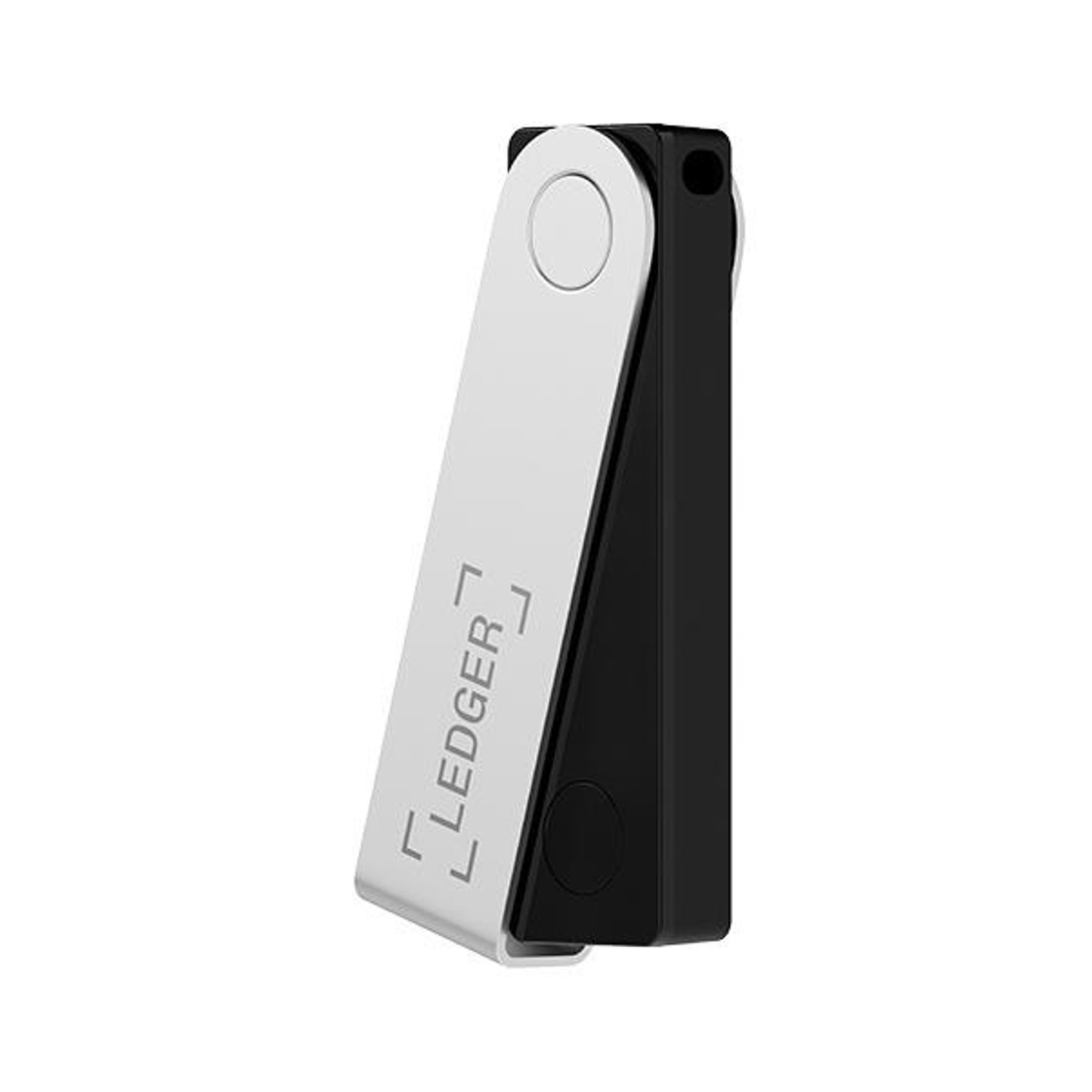 Un portafoglio hardware Ledger argento e nero su sfondo bianco.