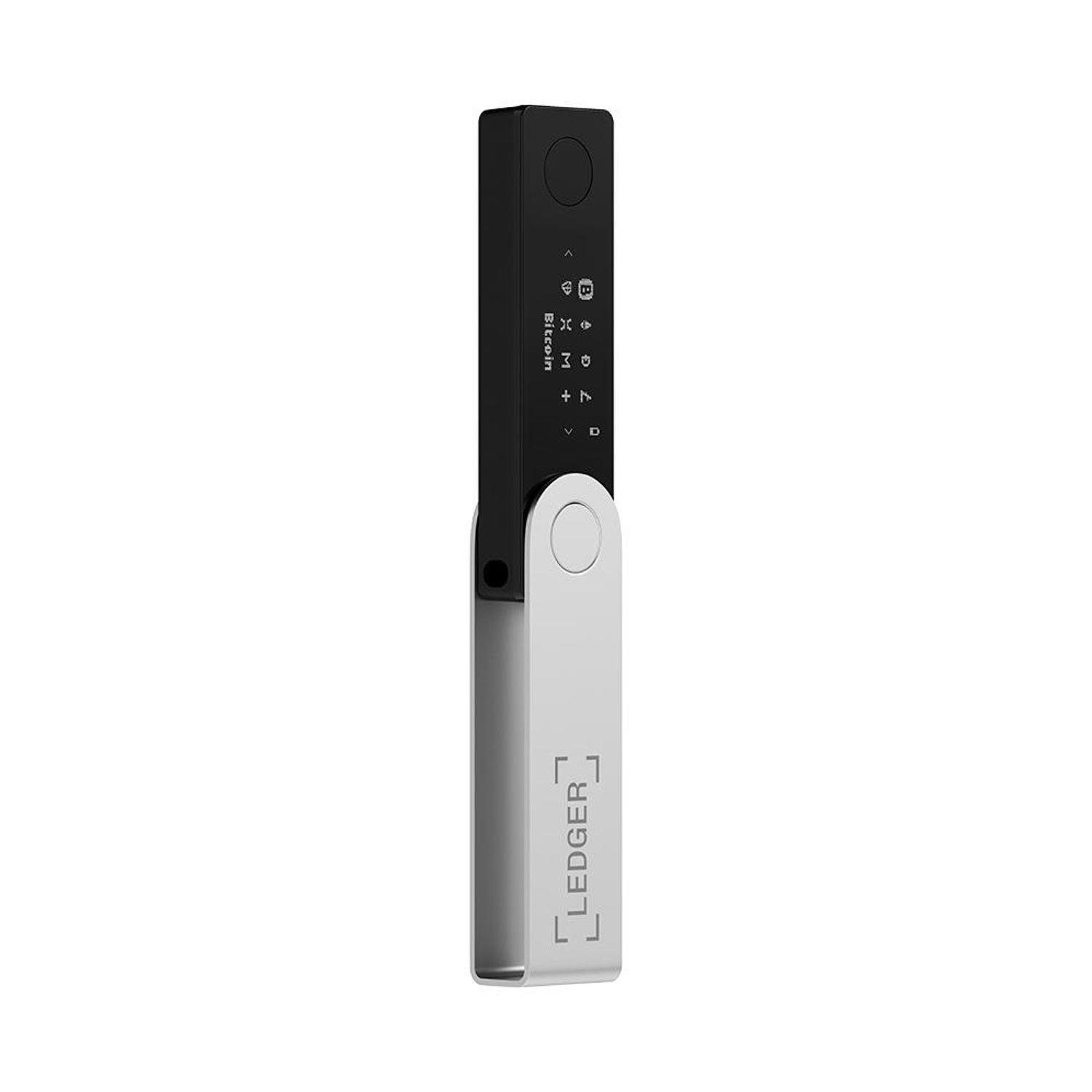 Un portafoglio hardware Ledger nero e argento su una superficie bianca.