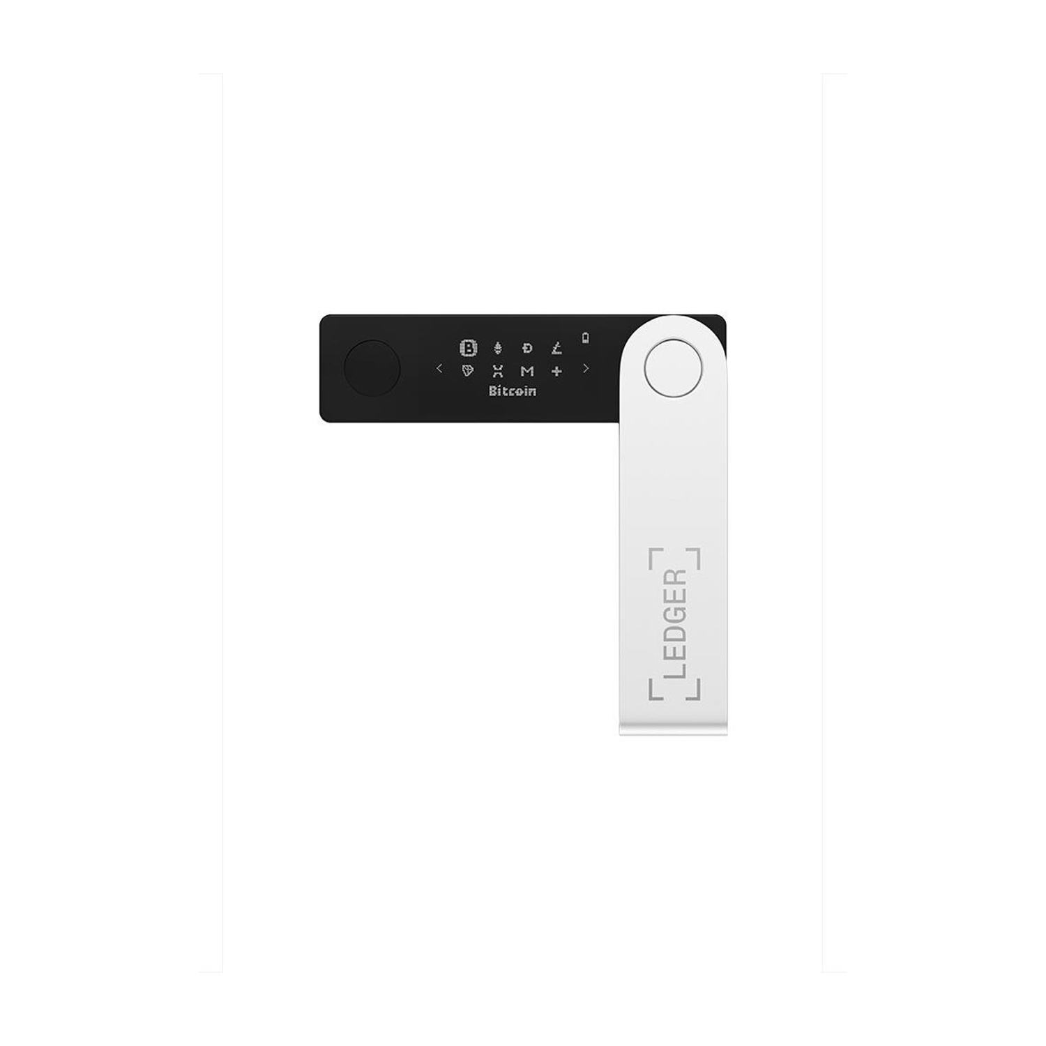 Dispositivo Ledger in bianco e nero. La parte bianca è un'unità USB. Lo schermo mostra simboli e Bitcoin.