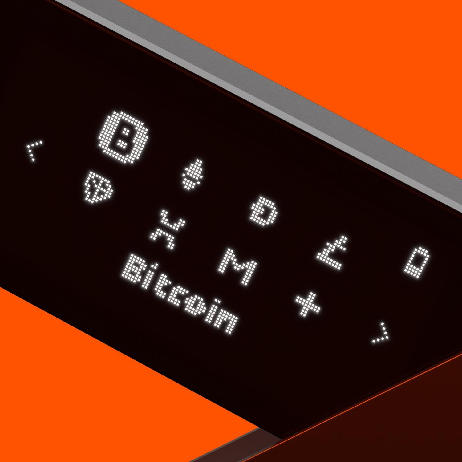 Un primo piano di uno schermo di un dispositivo che mostra 'Bitcoin' in punti bianchi.