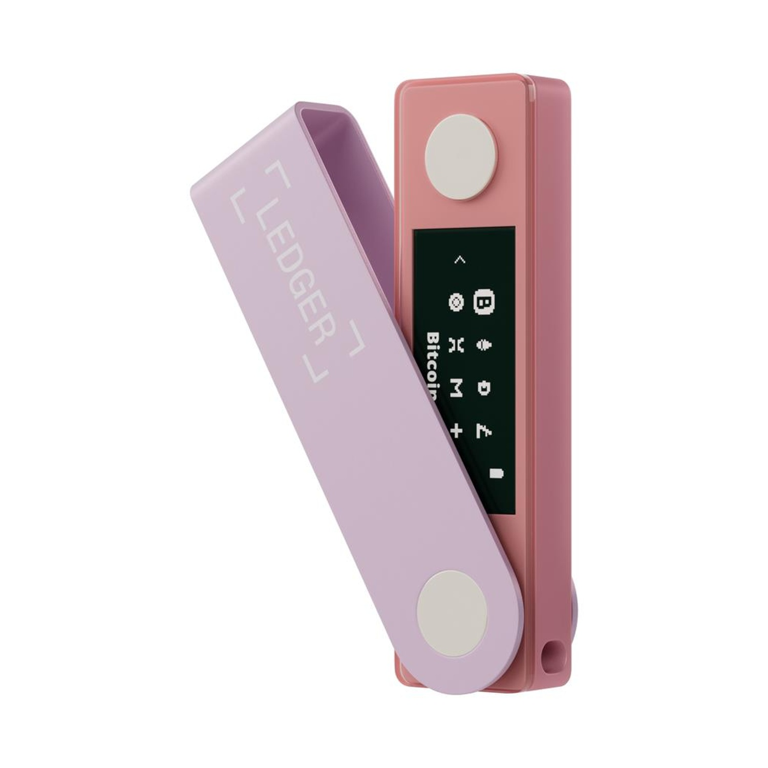 Un portafoglio hardware crittografico Ledger rosa e viola, con la cover aperta.