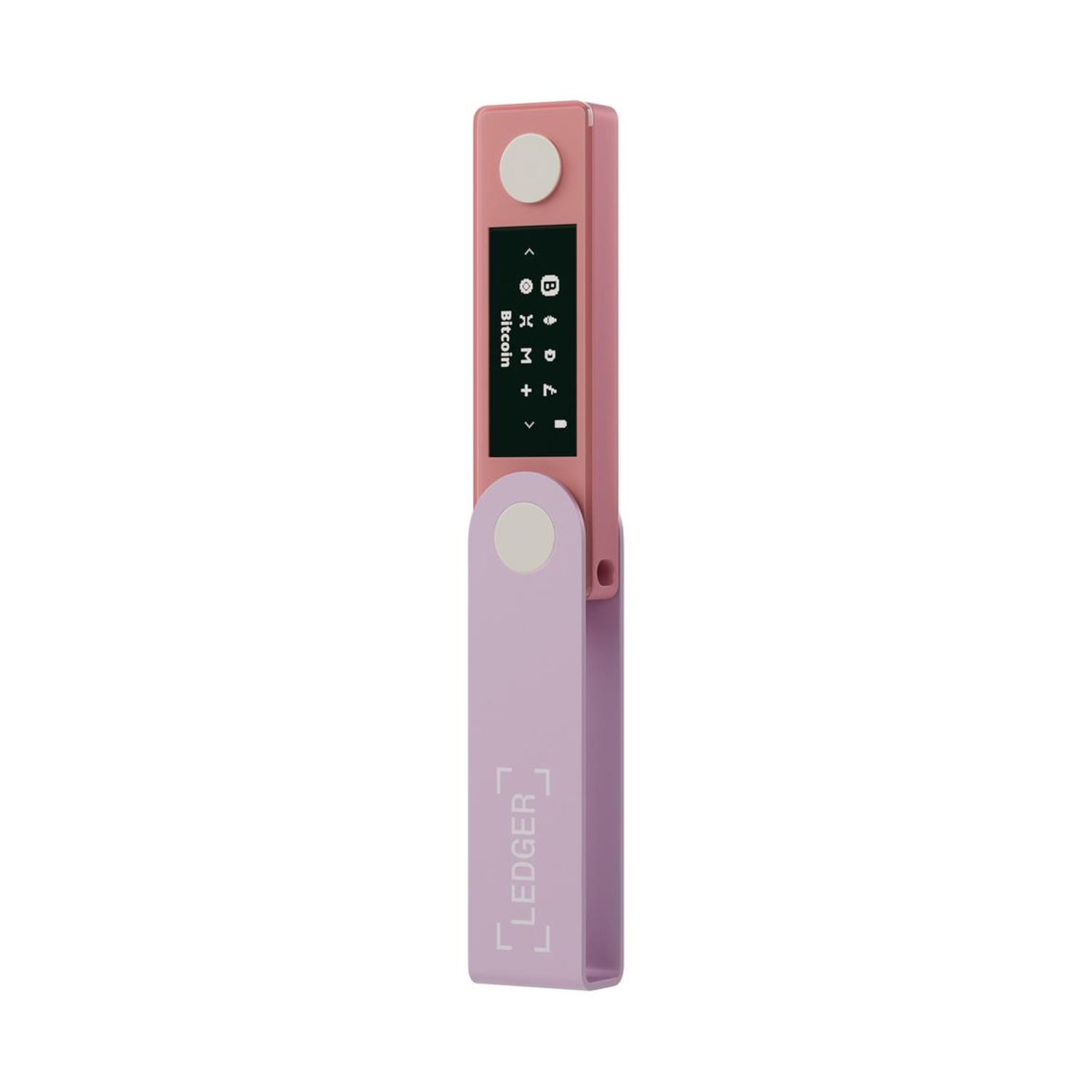 Portafoglio hardware Ledger rosa e viola, in piedi. Un piccolo schermo mostra i dettagli di Bitcoin.