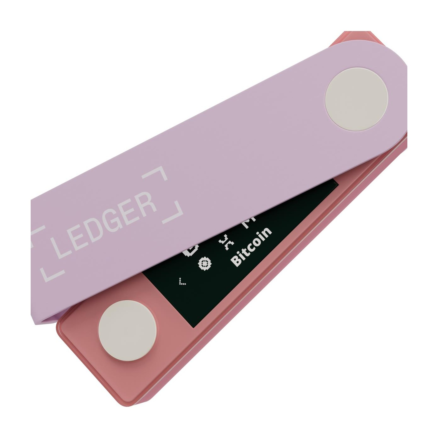 Portafoglio hardware crittografico Ledger, aperto, che mostra lo schermo, su una superficie bianca.
